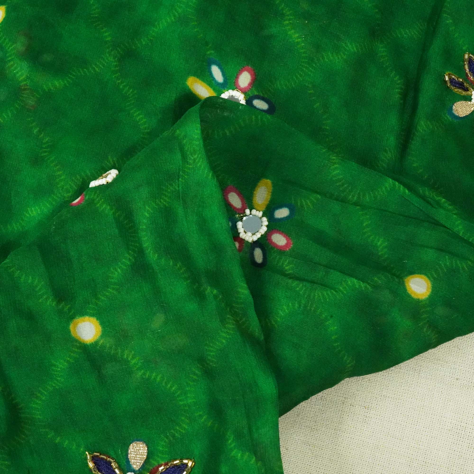 Green Pearl and Mirror hand Embroidery Organza Fabric 02355 GT-18816