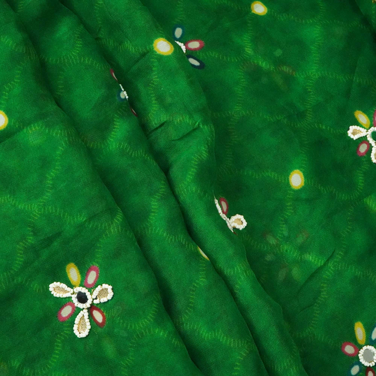 Green Pearl and Mirror hand Embroidery Organza Fabric 02355 GT-18816
