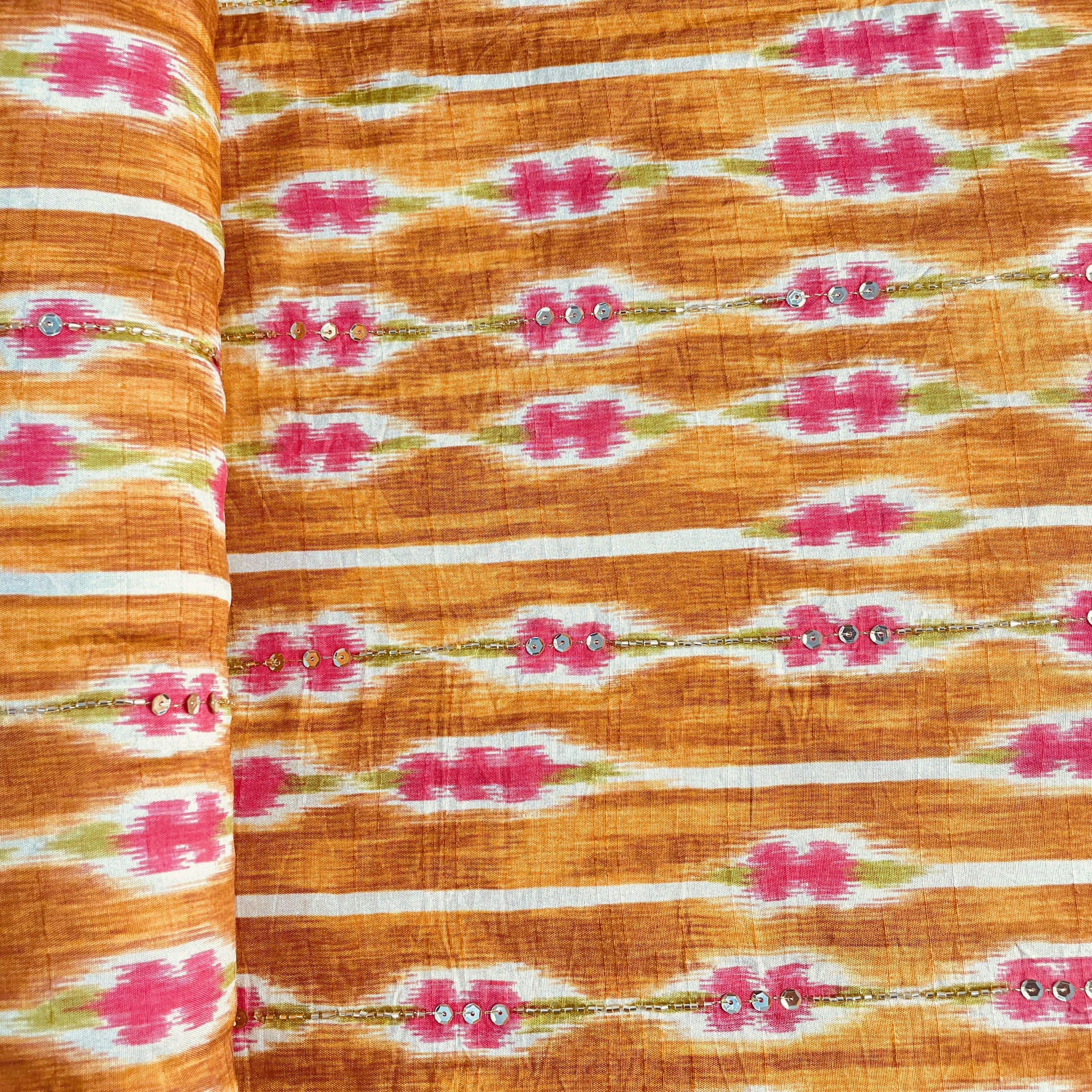 Mustard & Yellow Ikkat Hand Work Tissue Fabric 18874