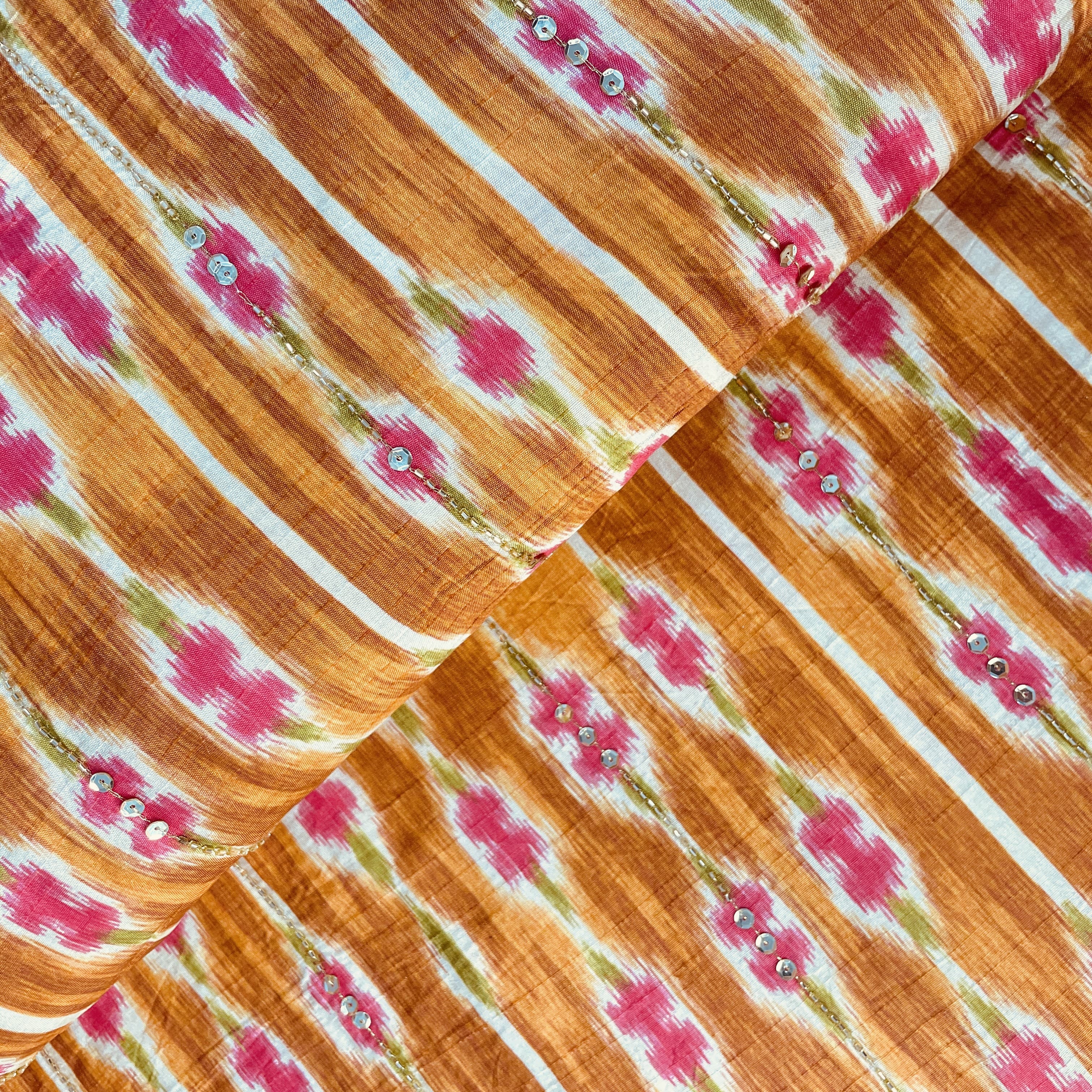 Mustard & Yellow Ikkat Hand Work Tissue Fabric 18874