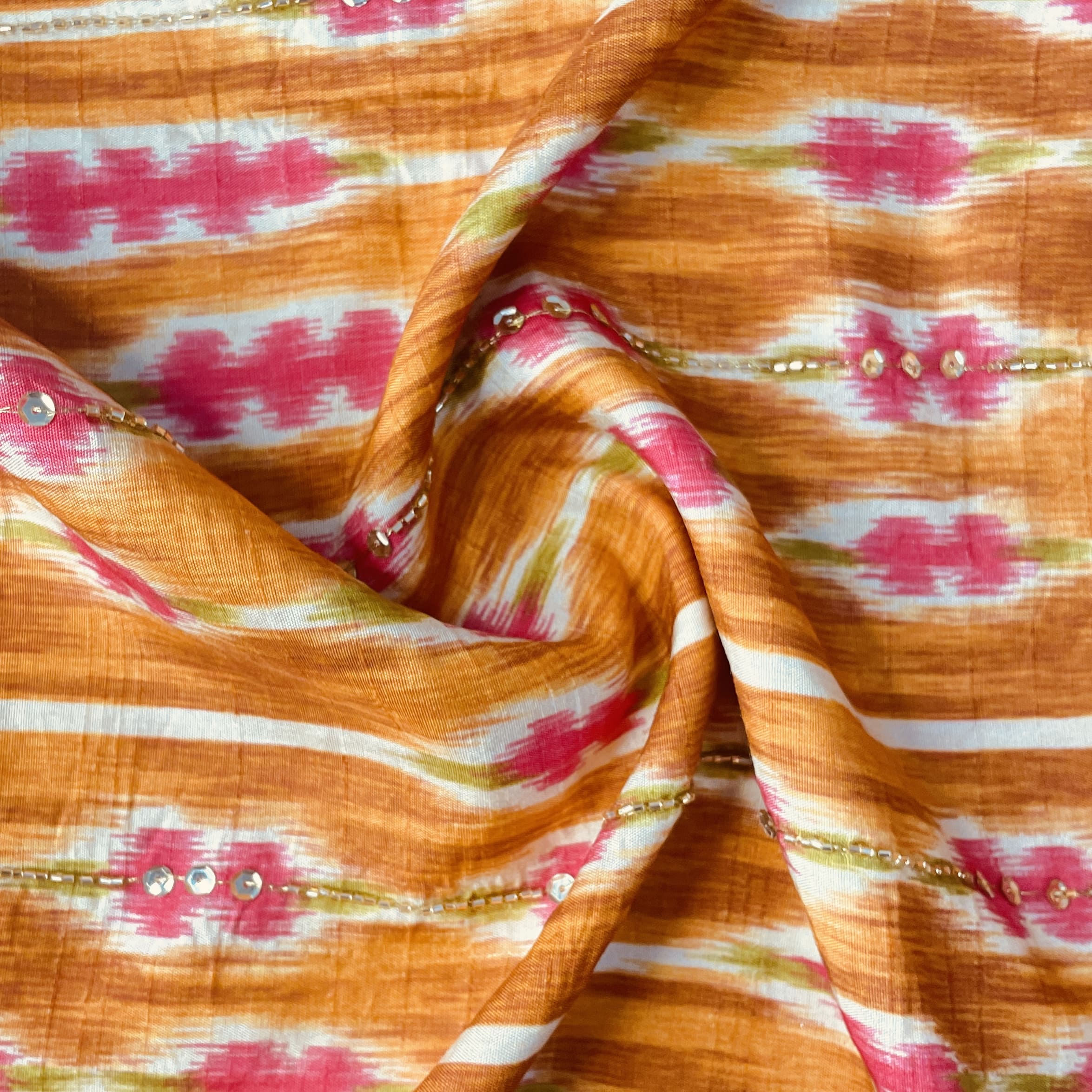 Mustard & Yellow Ikkat Hand Work Tissue Fabric 18874