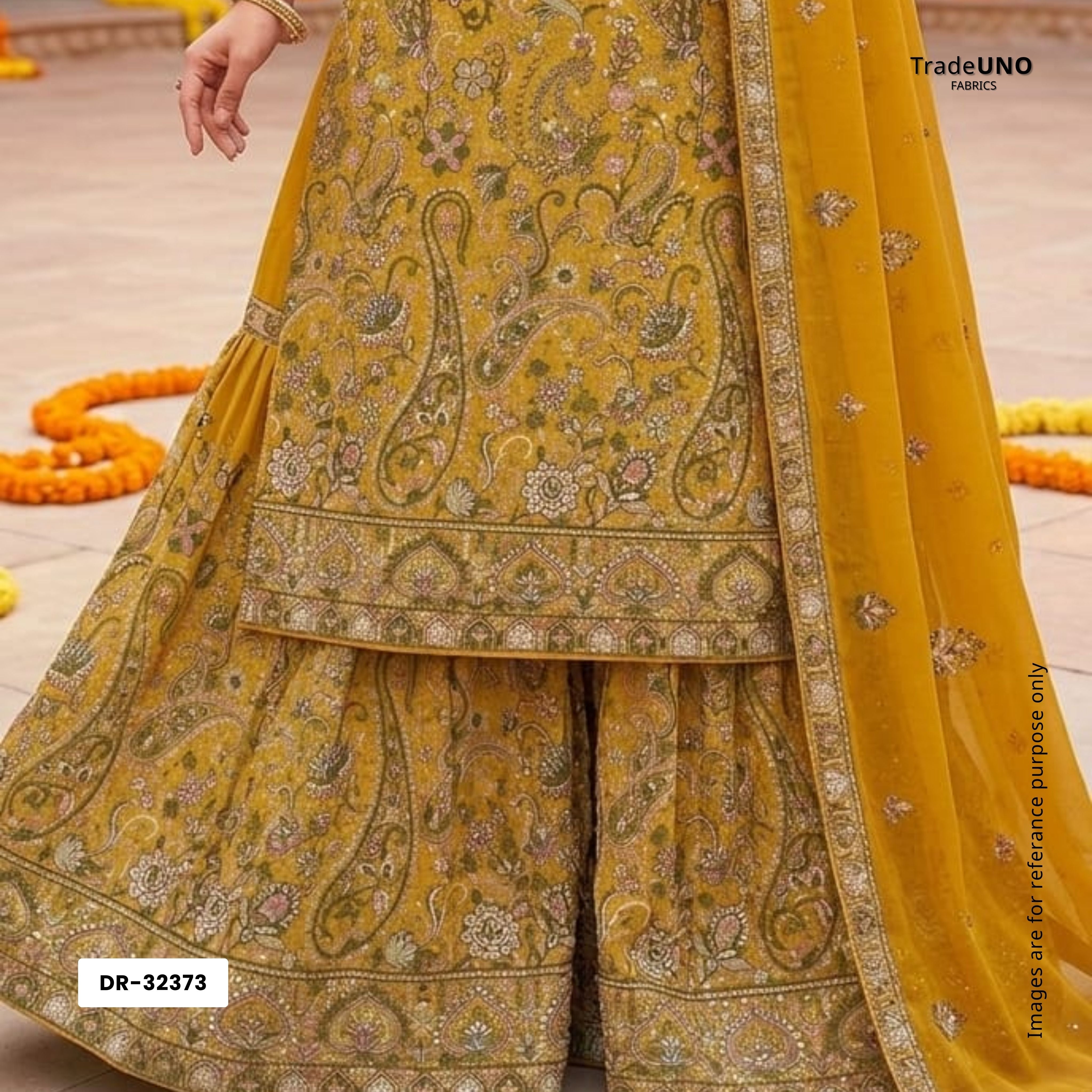 Yellow Kashmiri Paisley Embroidery Georgette Fabric DR-32373 - TradeUNO