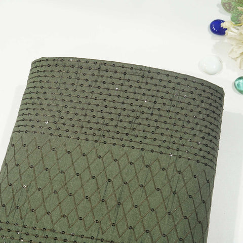 Military Green Thread Sequins Embroidery Russian Silk Fabric 7325 SB-19547