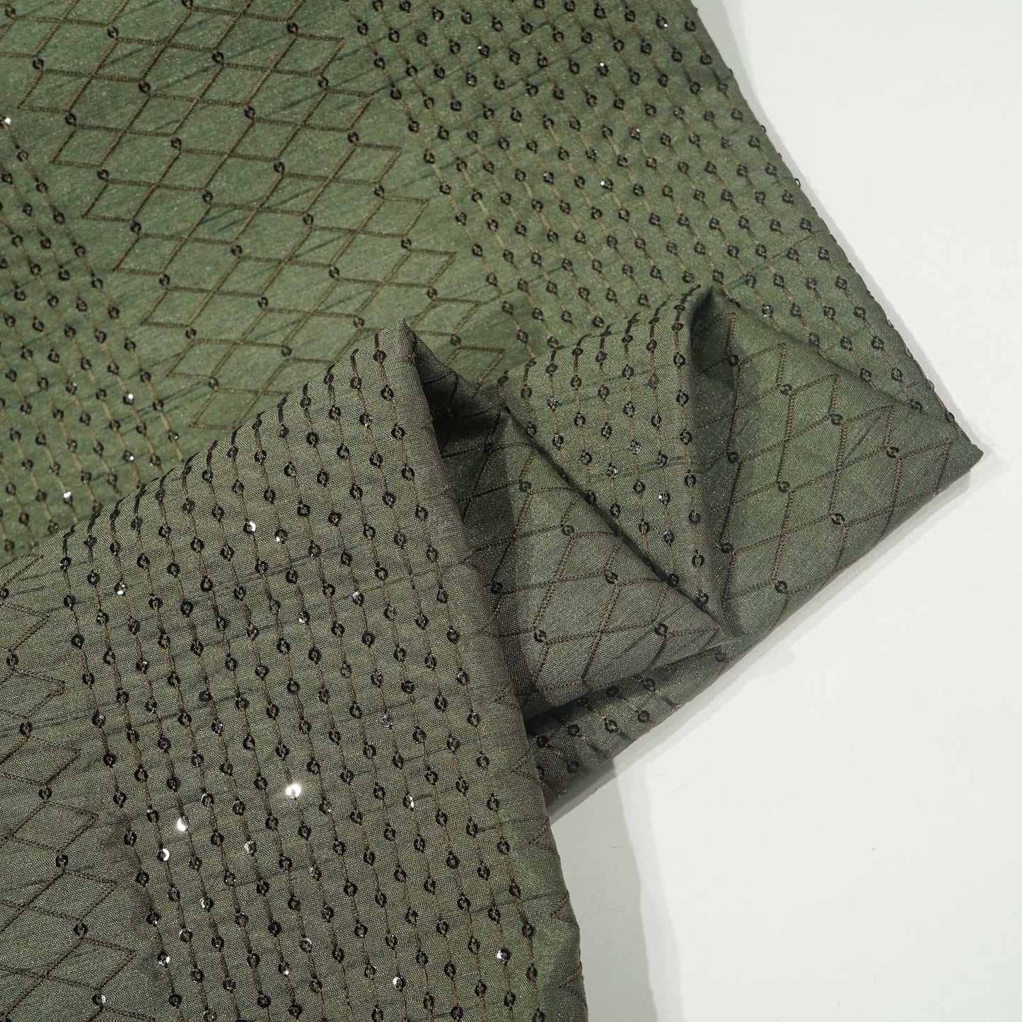 Military Green Thread Sequins Embroidery Russian Silk Fabric 7325 SB-19547