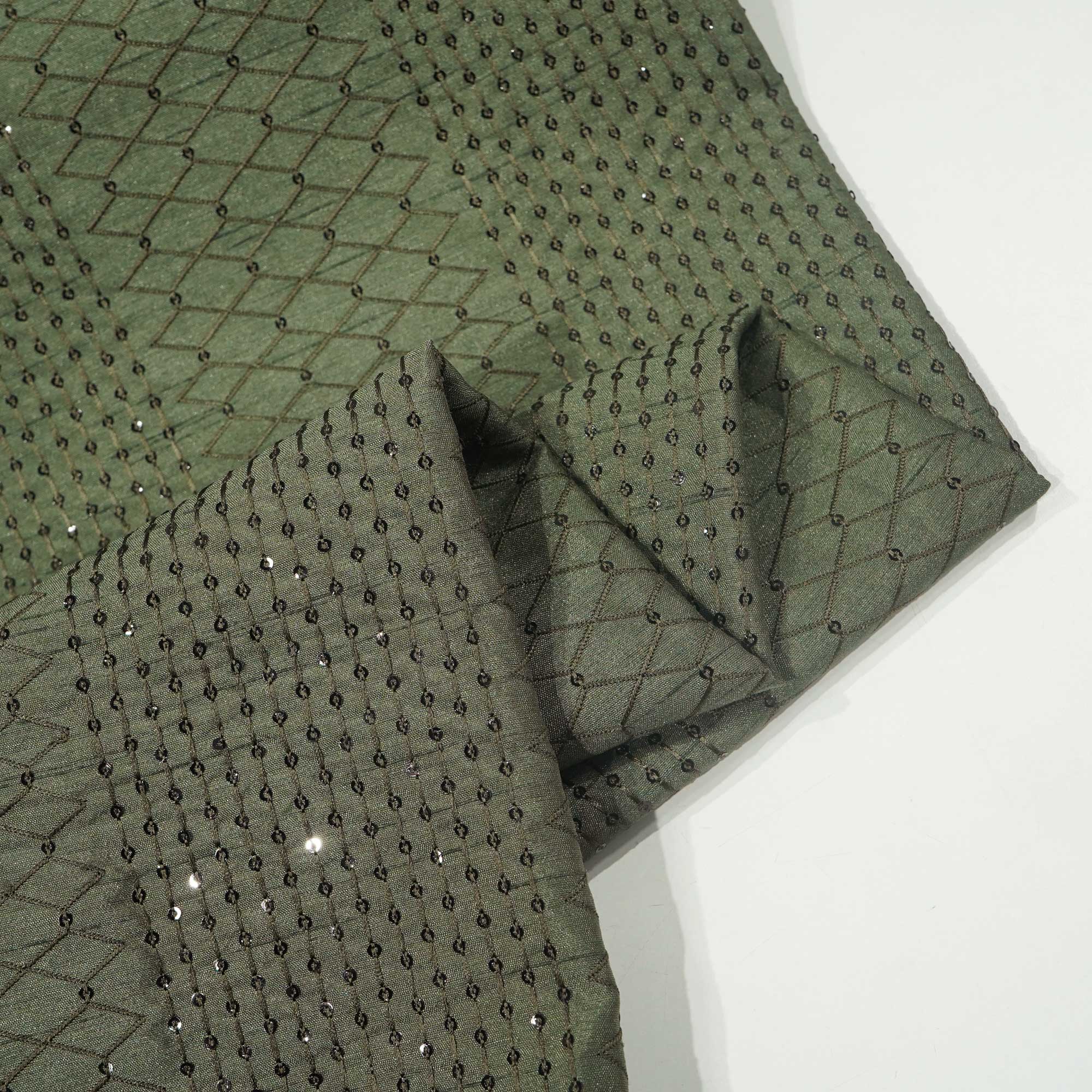 Military Green Thread Sequins Embroidery Russian Silk Fabric 7325 SB-19547