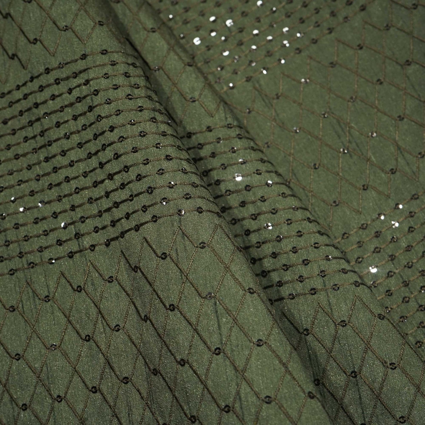 Military Green Thread Sequins Embroidery Russian Silk Fabric 7325 SB-19547