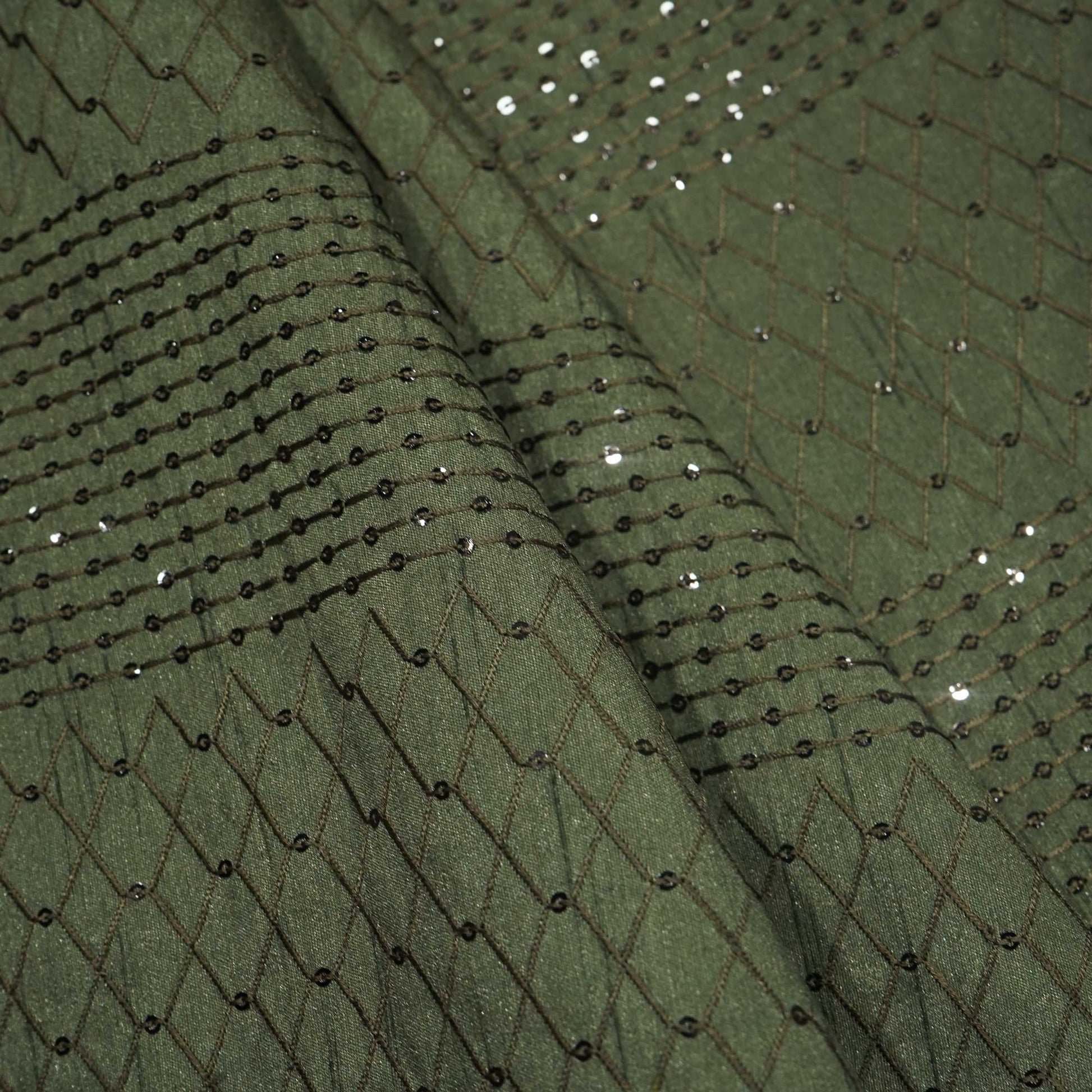 Military Green Thread Sequins Embroidery Russian Silk Fabric 7325 SB-19547