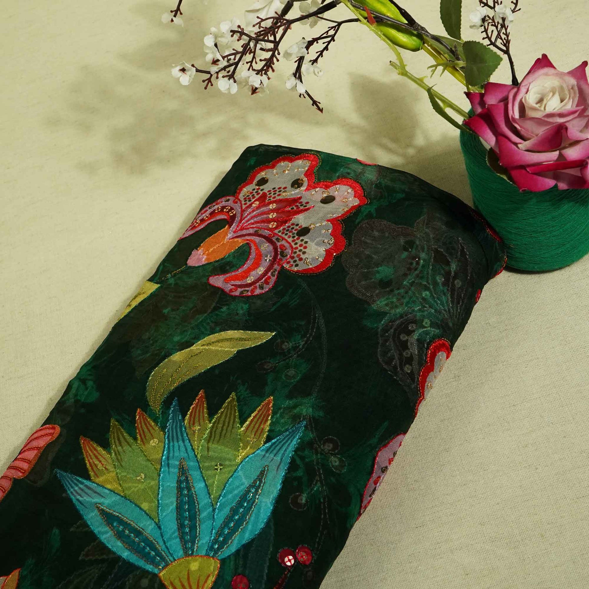 Green Floral Embroidery Organza Fabric 2321 KT-19551