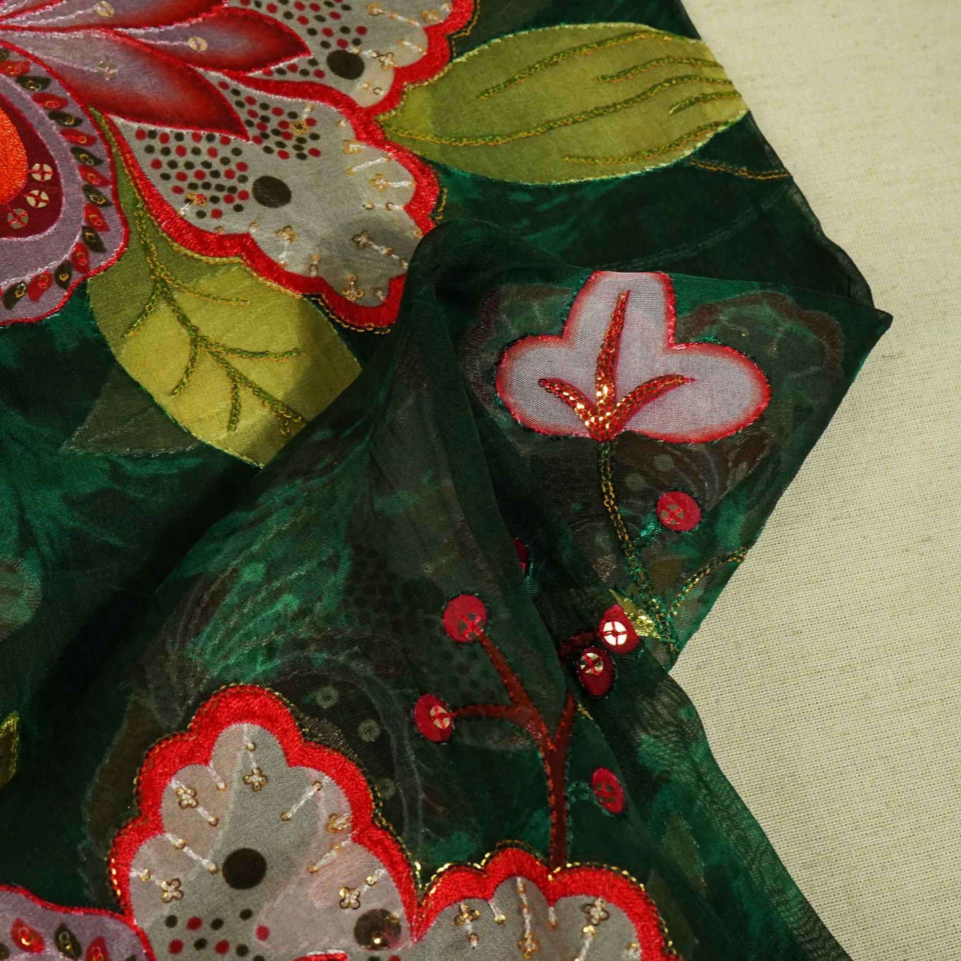 Green Floral Embroidery Organza Fabric 2321 KT-19551
