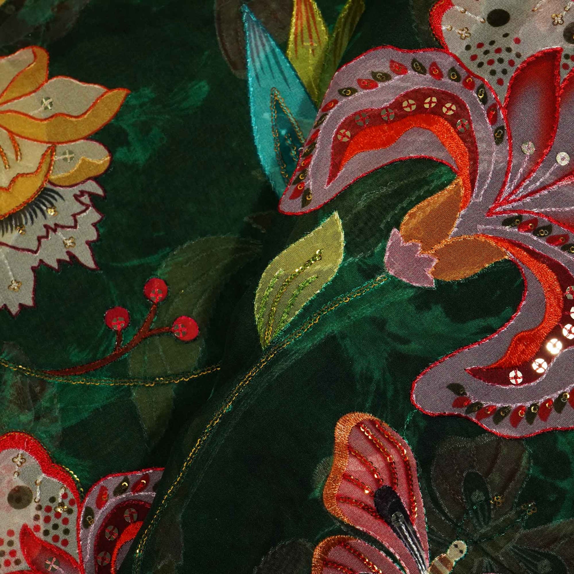 Green Floral Embroidery Organza Fabric 2321 KT-19551