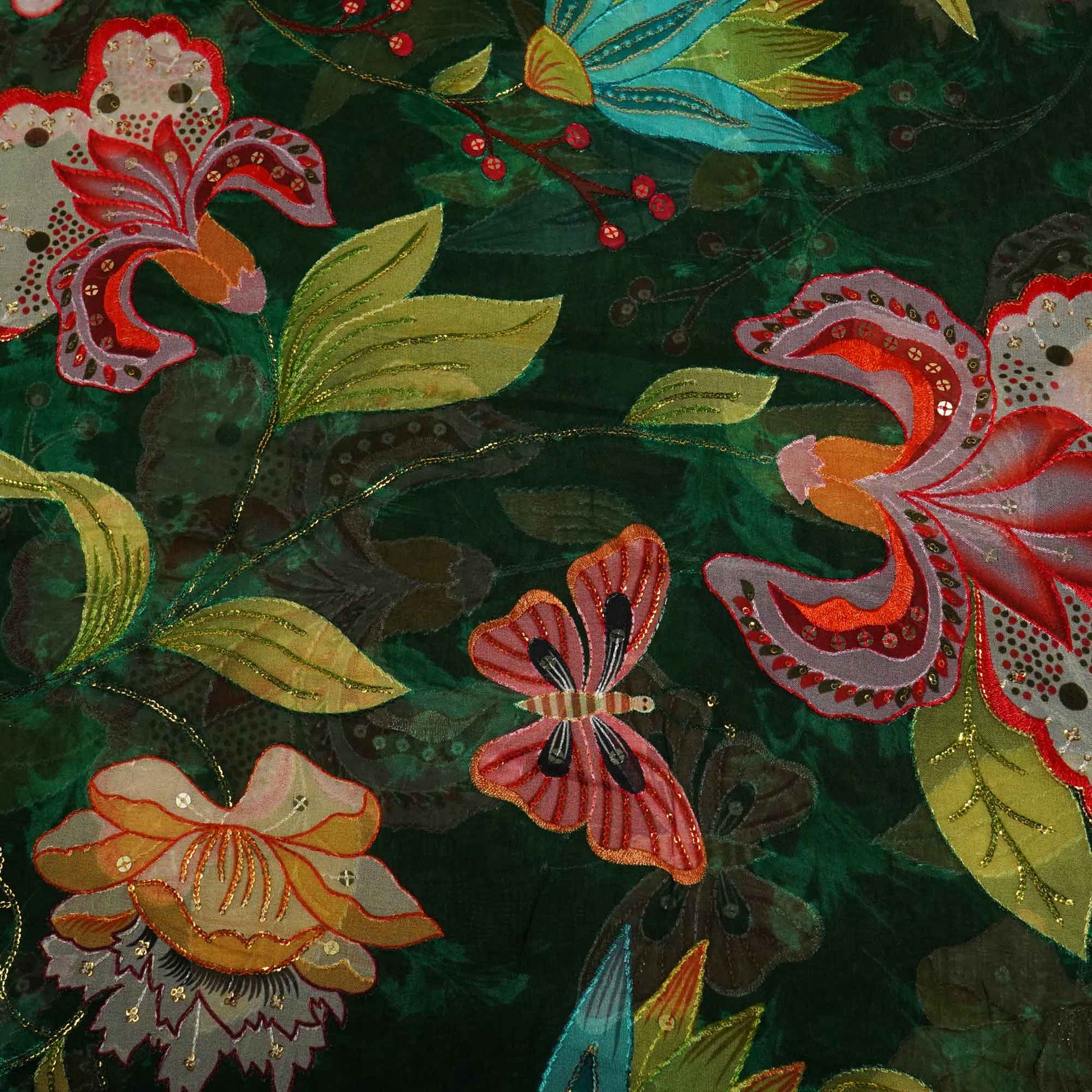 Green Floral Embroidery Organza Fabric 2321 KT-19551