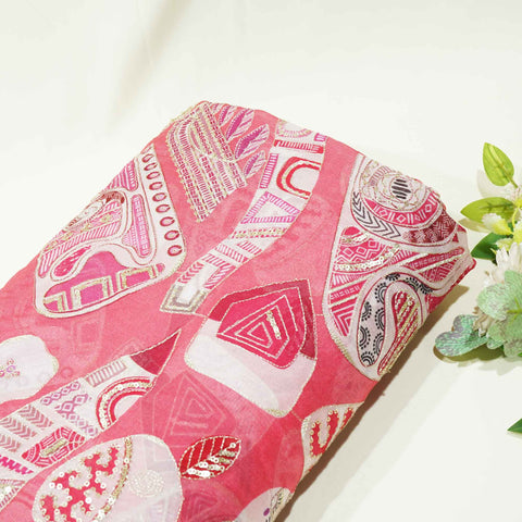 Pink Floral Embroidery Crepe Fabric 2324 KT-19554