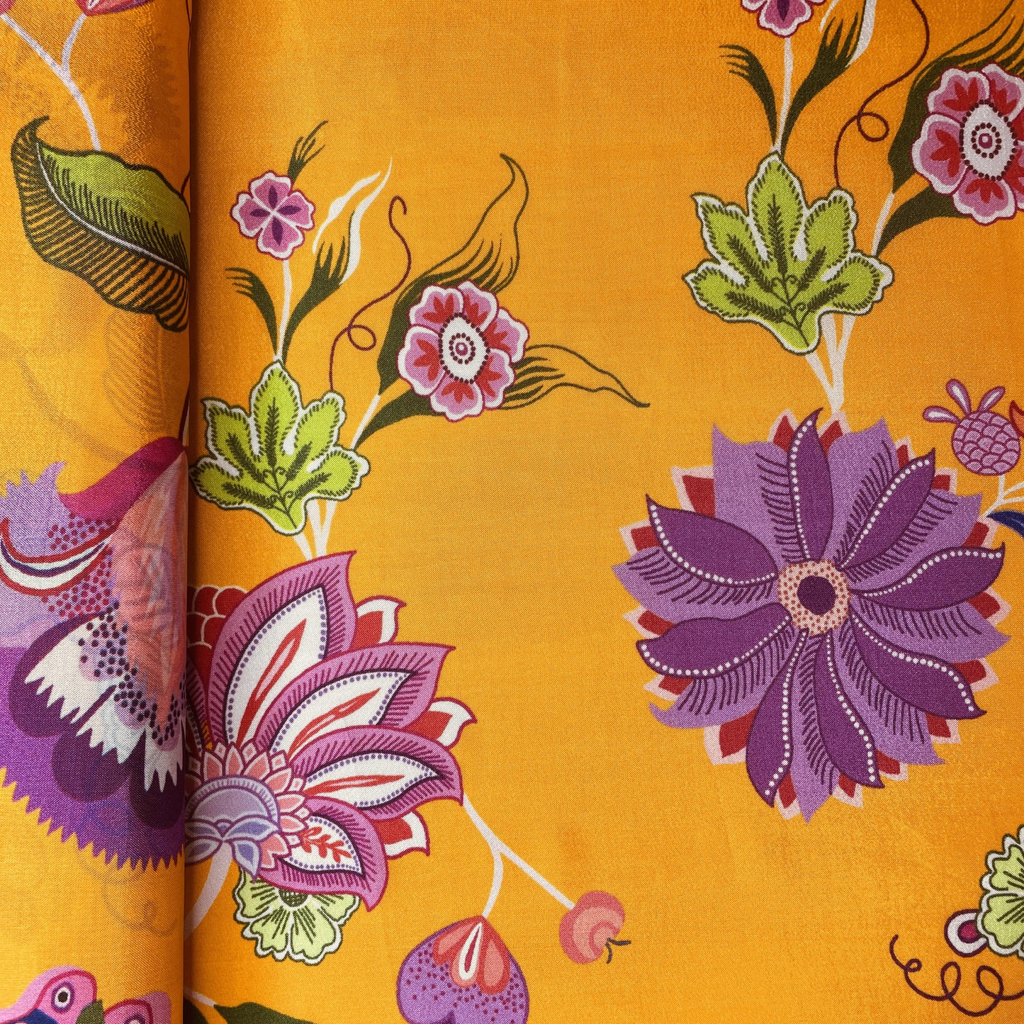 Orange Floral Print Upada Silk Fabric 19600
