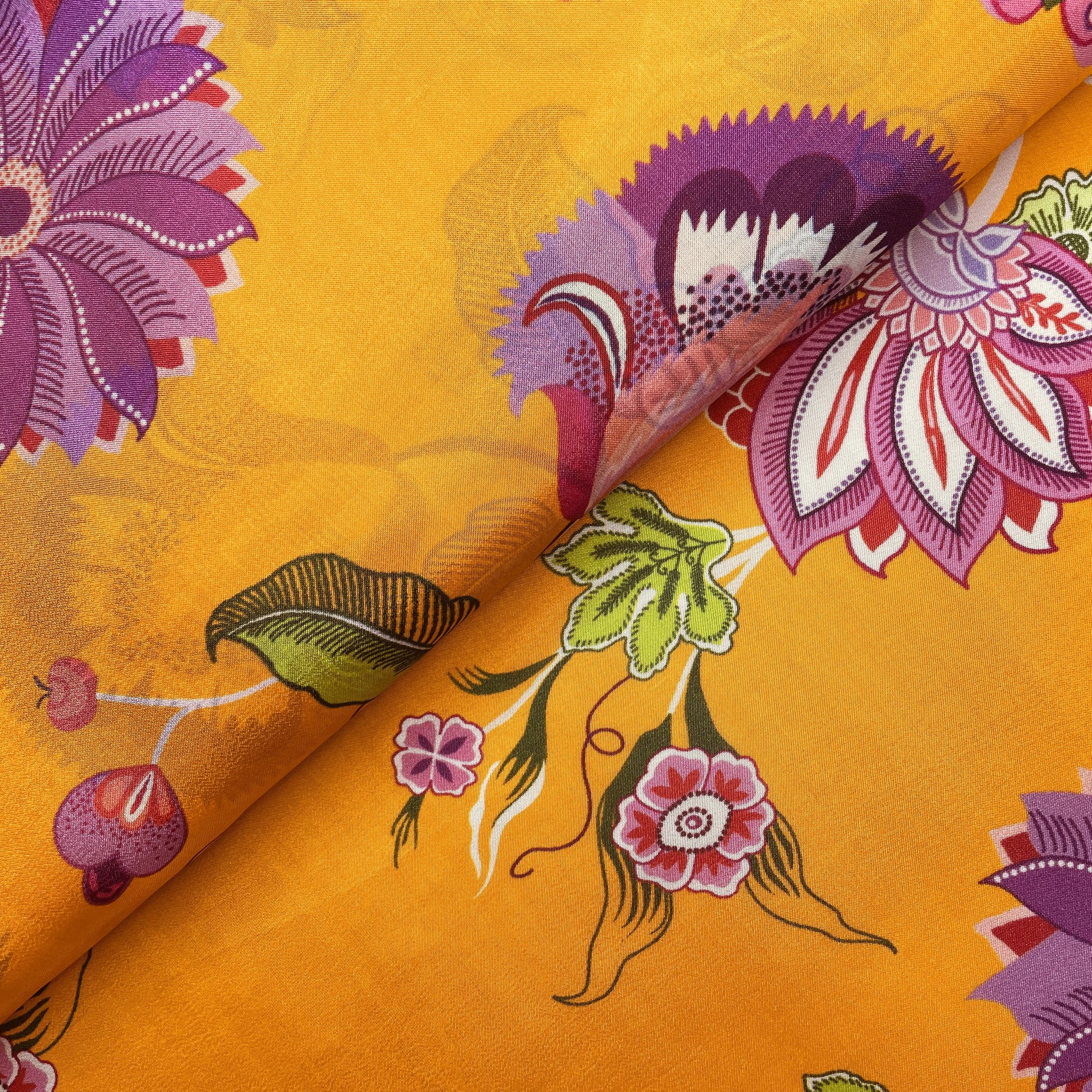 Orange Floral Print Upada Silk Fabric 19600
