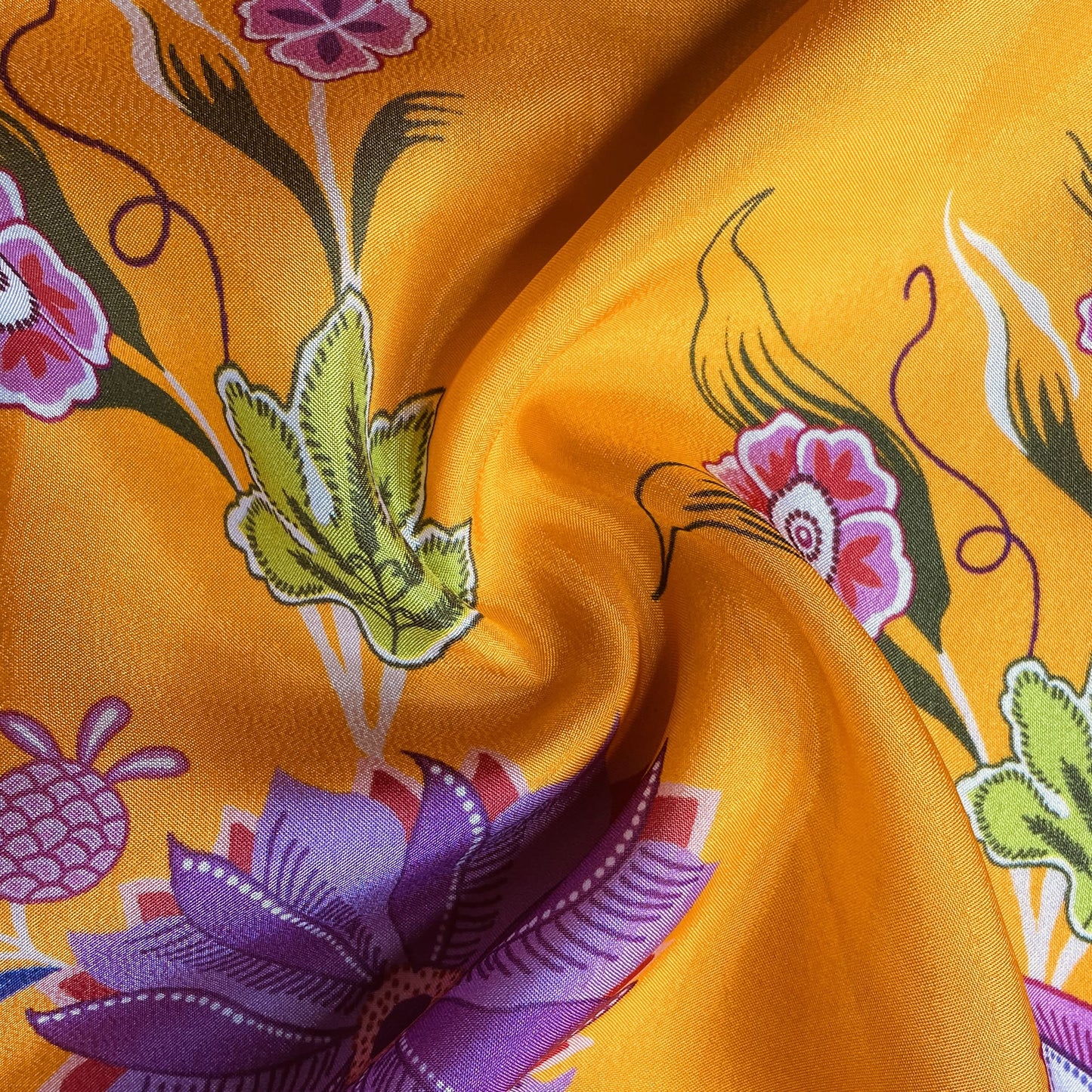 Orange Floral Print Upada Silk Fabric 19600