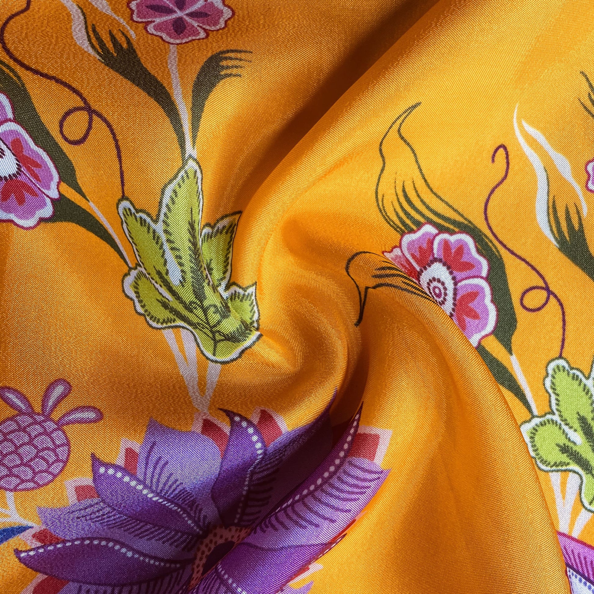 Orange Floral Print Upada Silk Fabric 19600