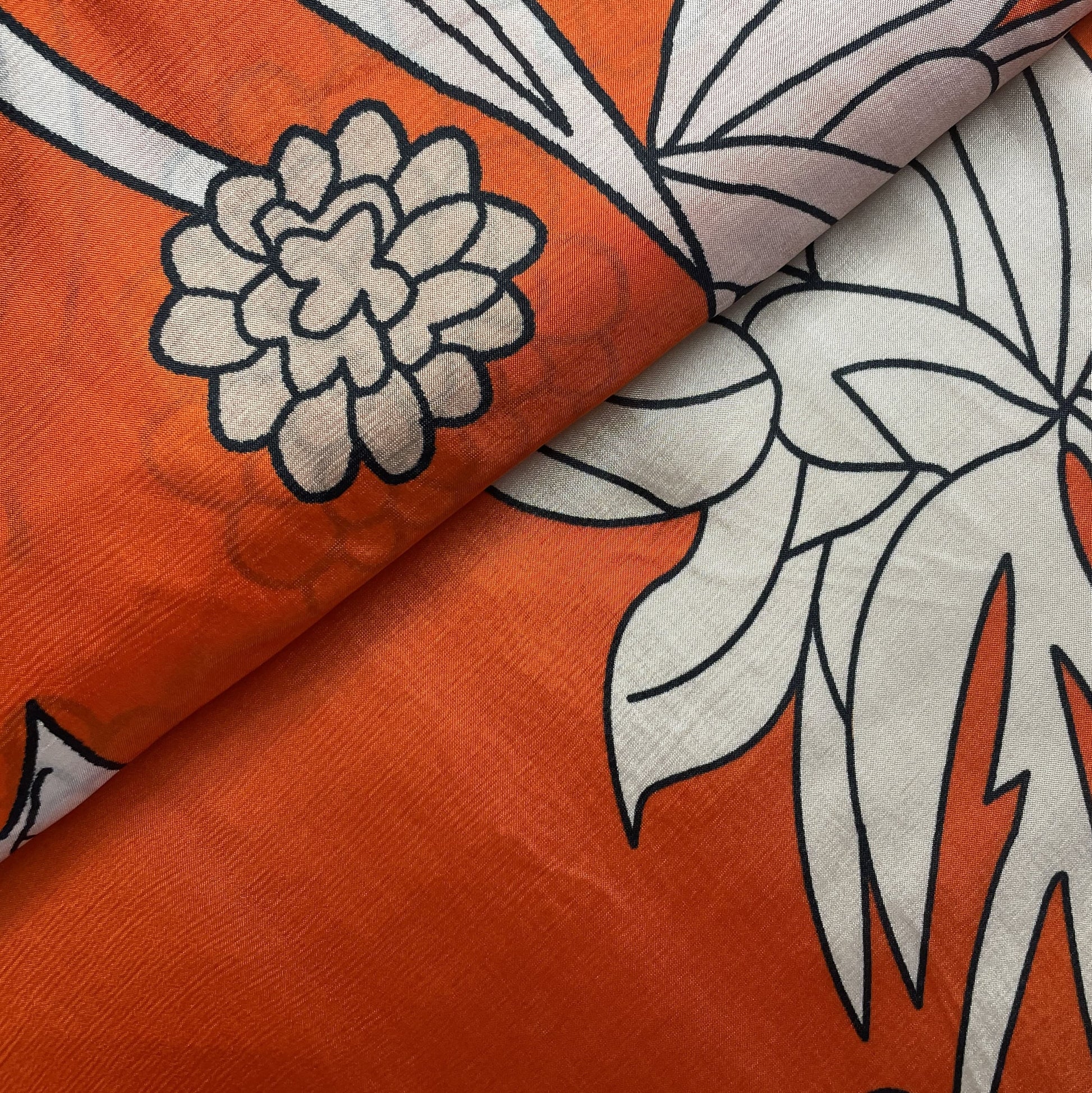 Orange Floral Print Upada Silk Fabric 19604