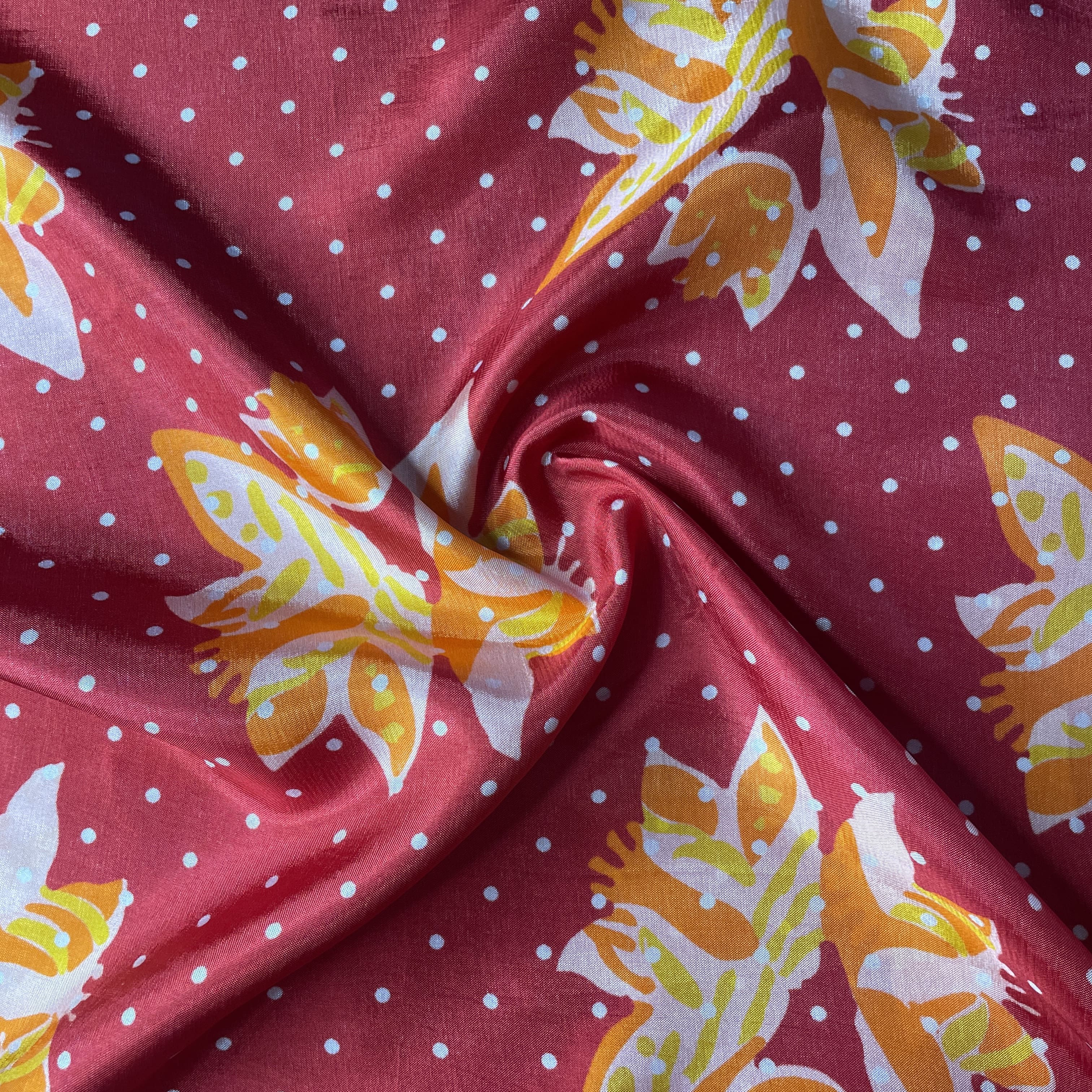 Red Floral Print Upada Silk Fabric 19619