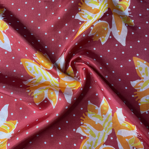 Red Floral Print Upada Silk Fabric 19619