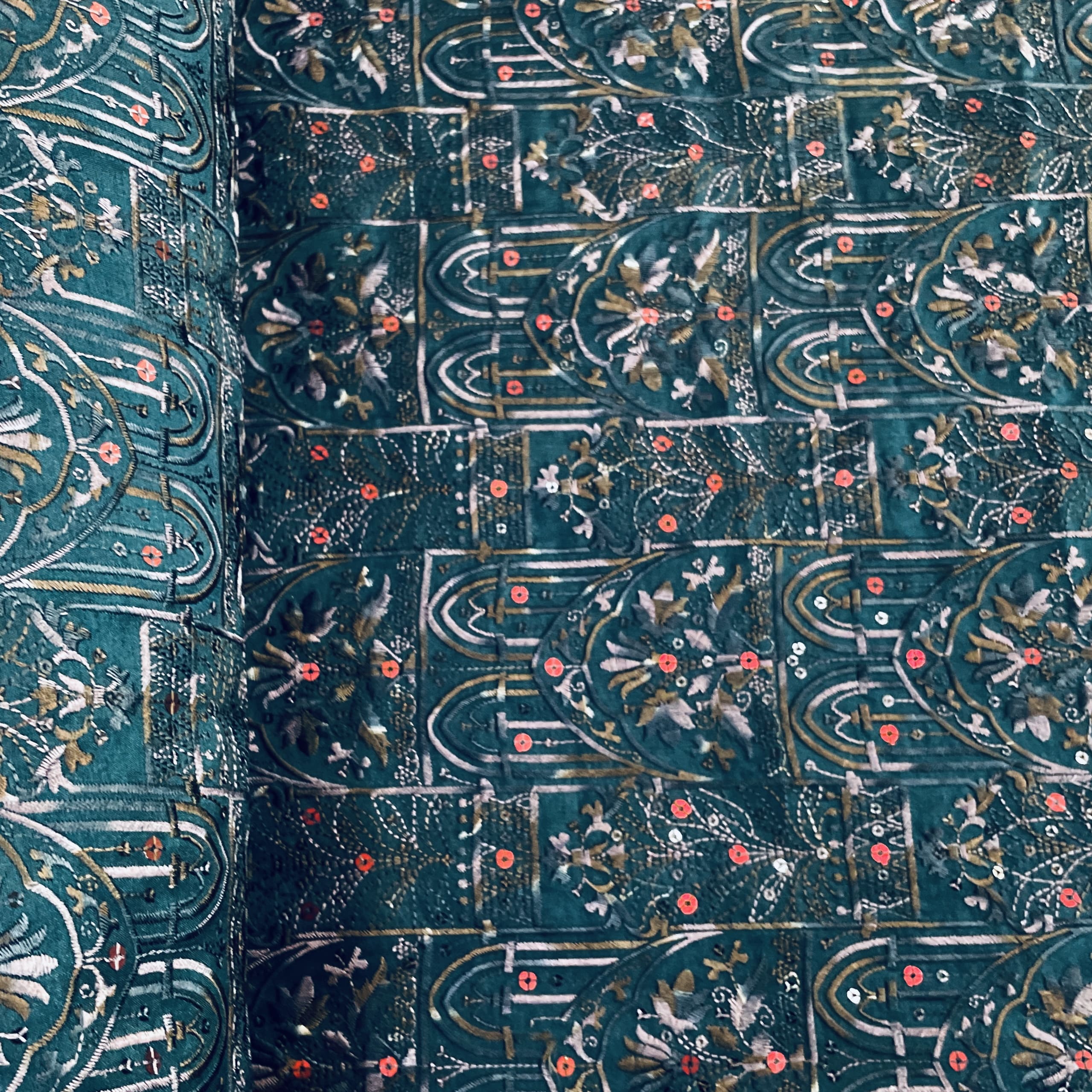 Peacock Green Thread Sequins Embroidery Russian Silk Fabric 19684