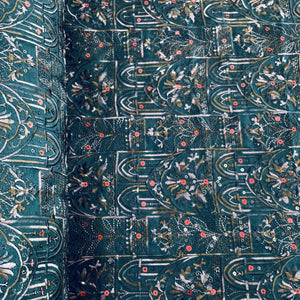 Peacock Green Thread Sequins Embroidery Russian Silk Fabric 19684