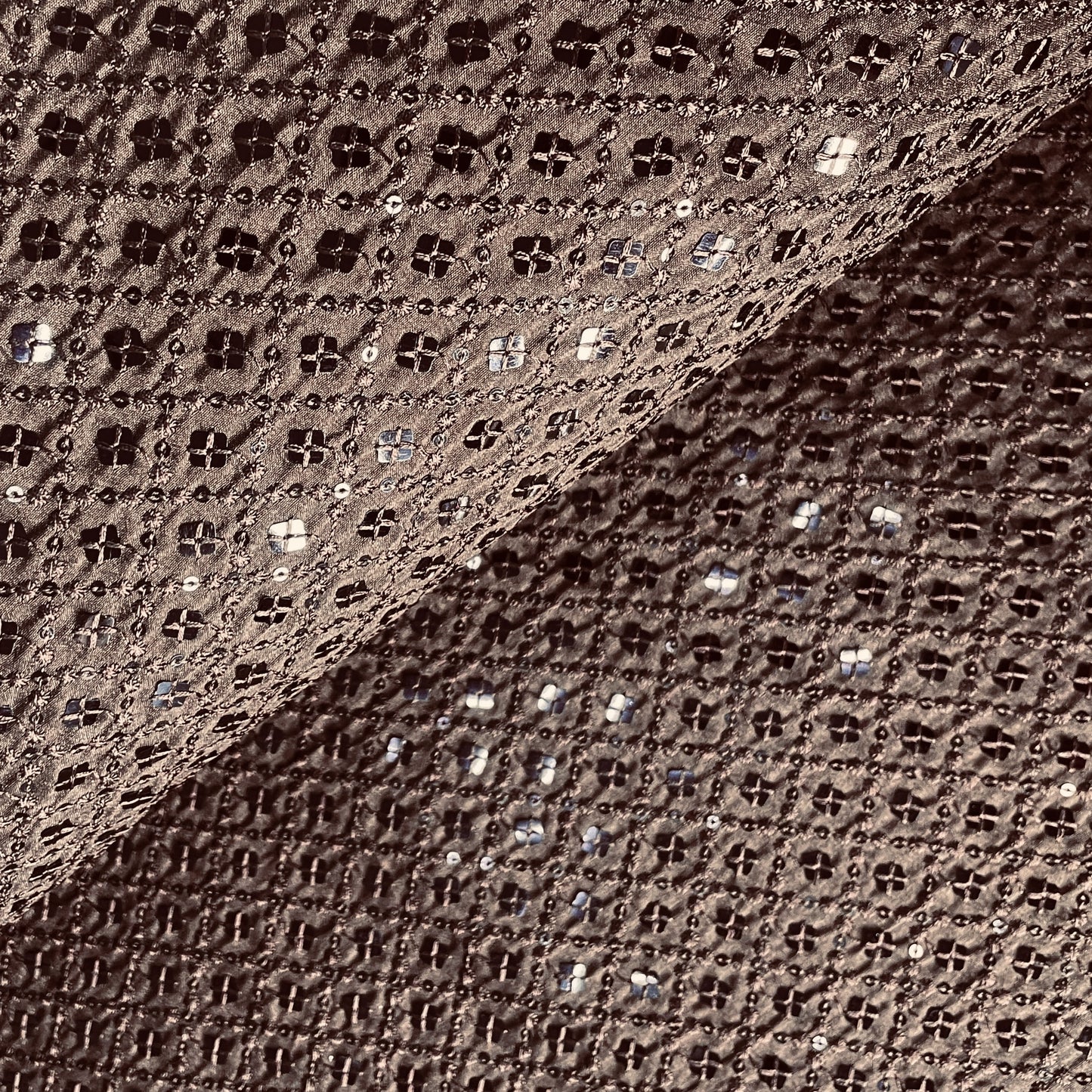 Brown Thread Sequins Embroidery Russian Silk Fabric 19686