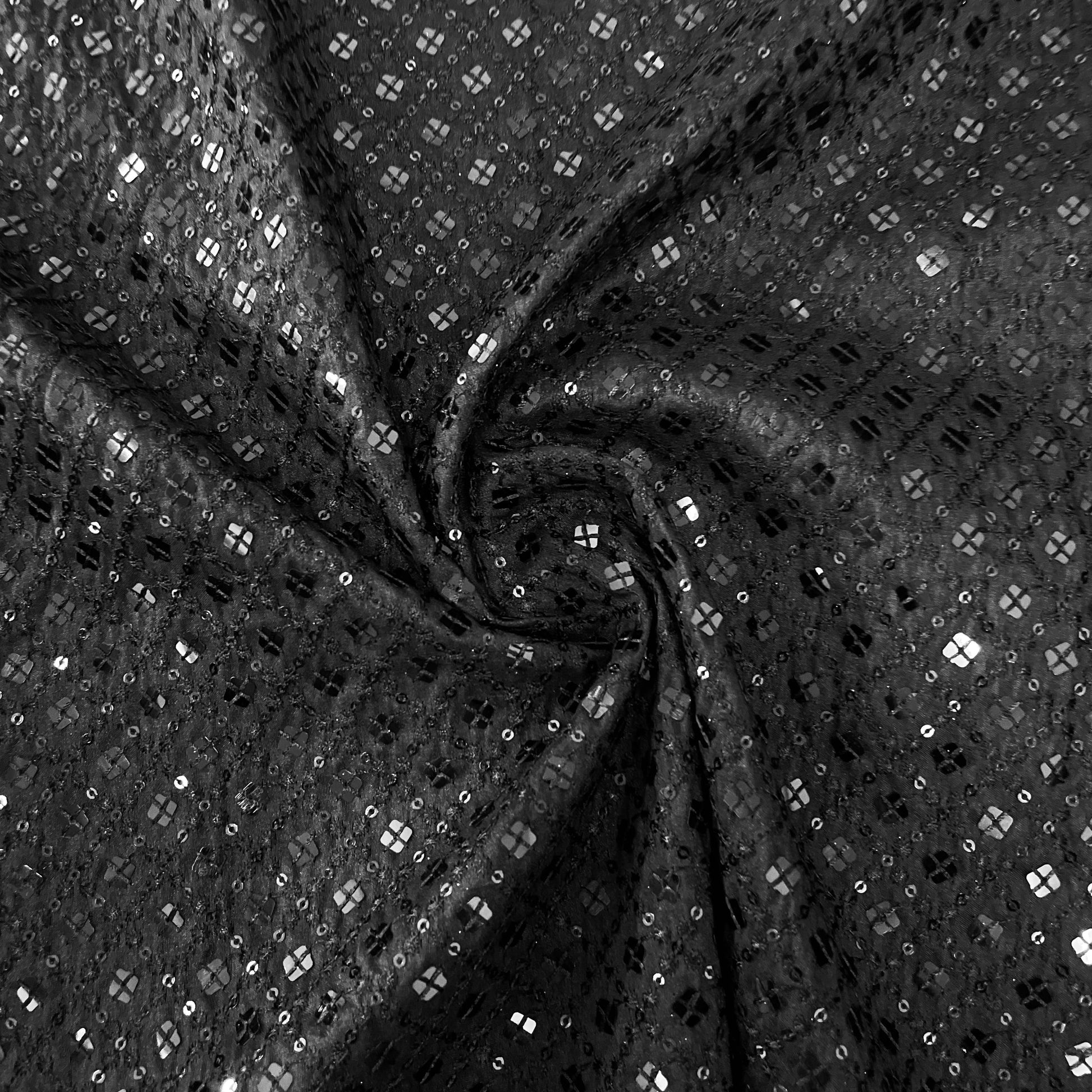 Black Thread Sequins Embroidery Russian Silk Fabric 19688
