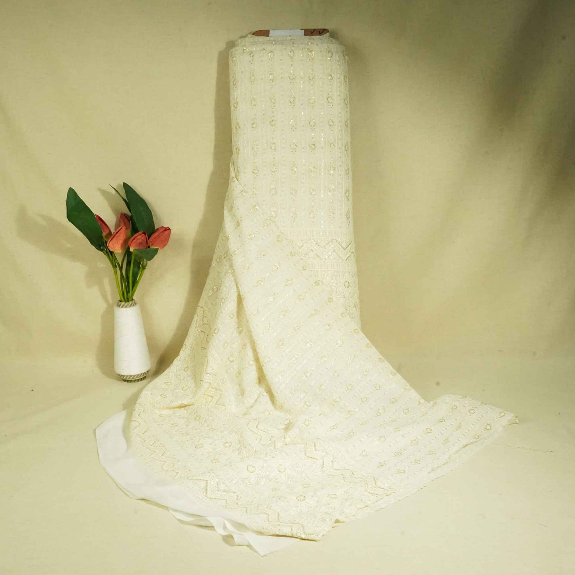 White Chikankari Thread Embroidery Dyeable Georgette Fabric 440 AF-19692  