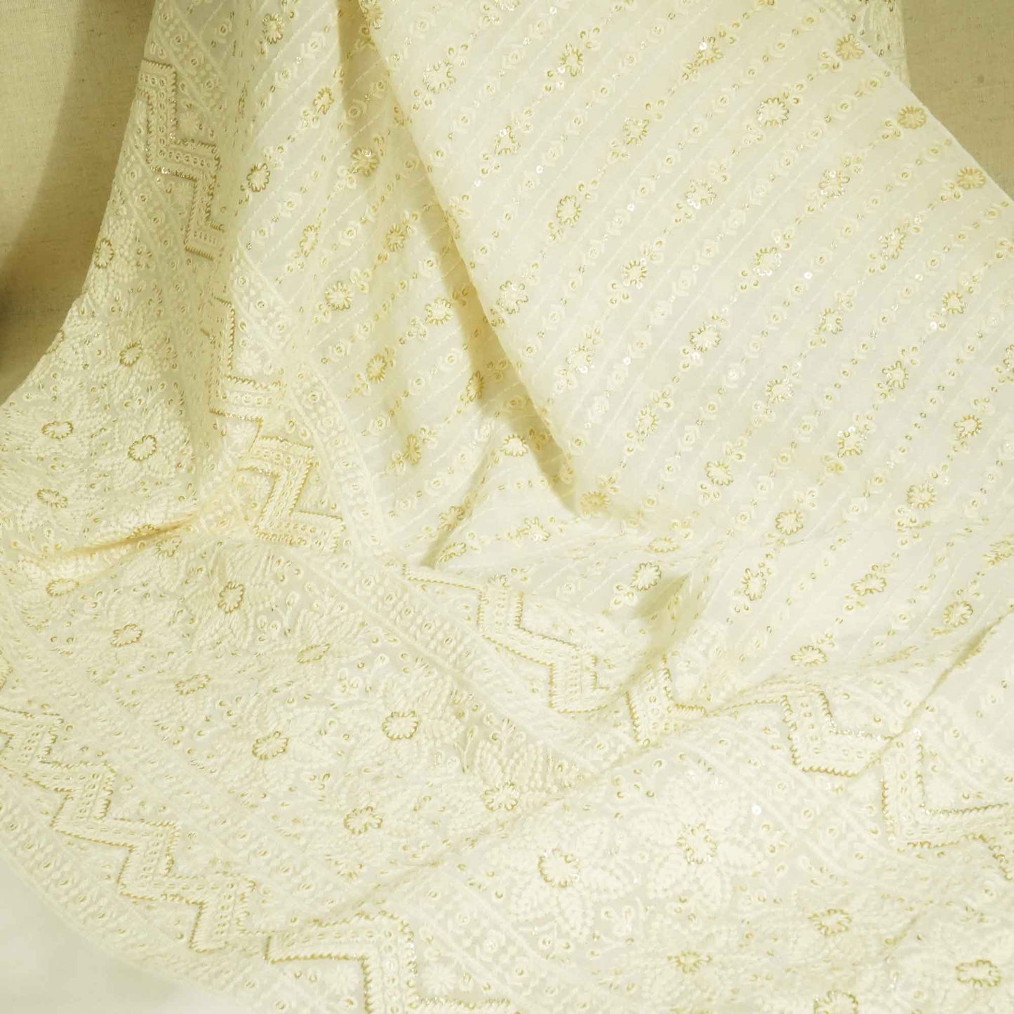White Chikankari Thread Embroidery Dyeable Georgette Fabric 440 AF-19692  