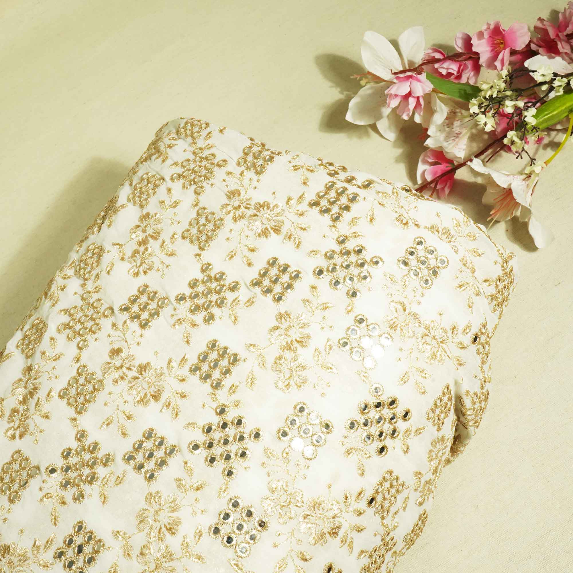 White Mirror & Zari Embroidery Dyeable Georgette Fabric 440 AF-19696  