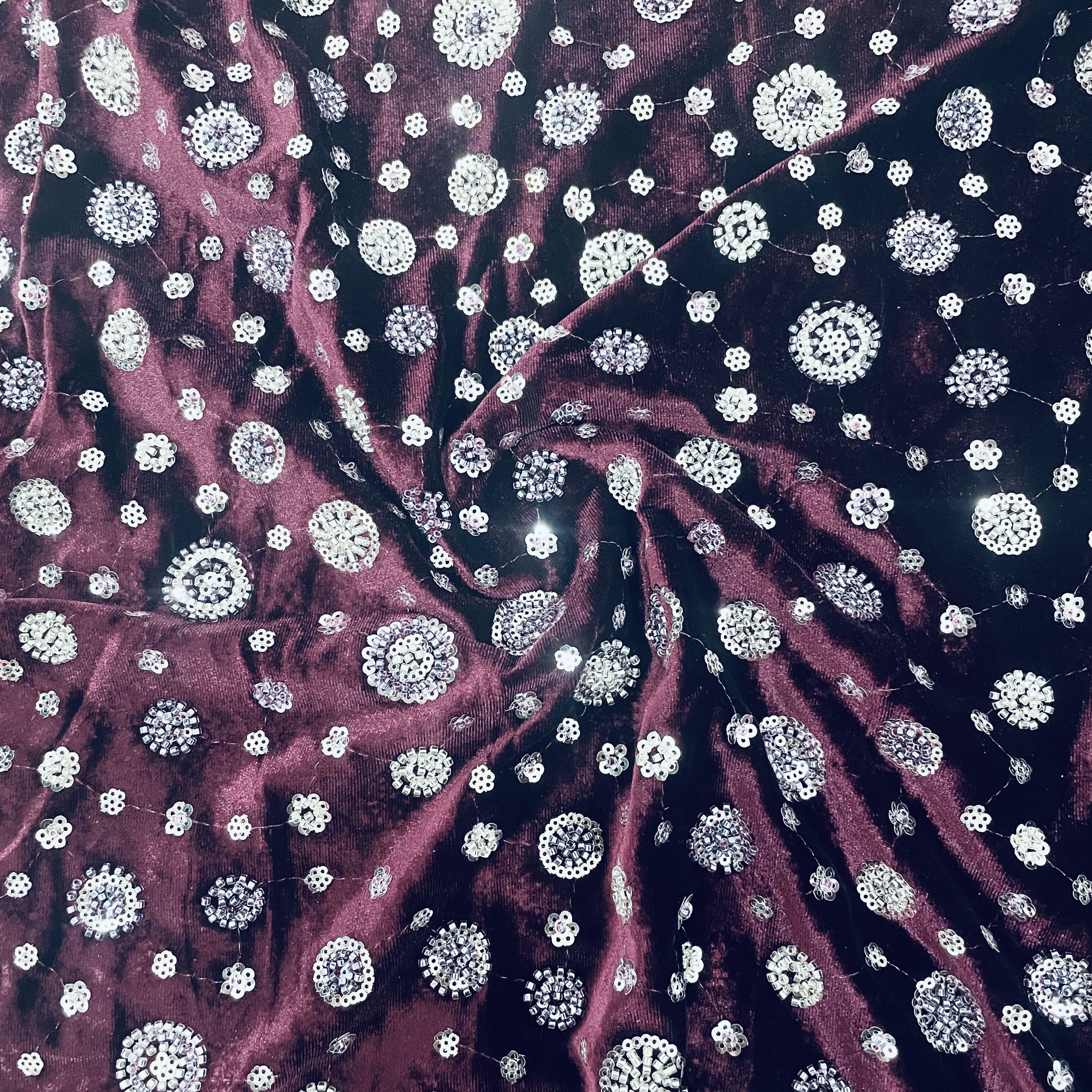 Dark Maroon Cutdana Sequins Embroidery Valvet Fabric 19703