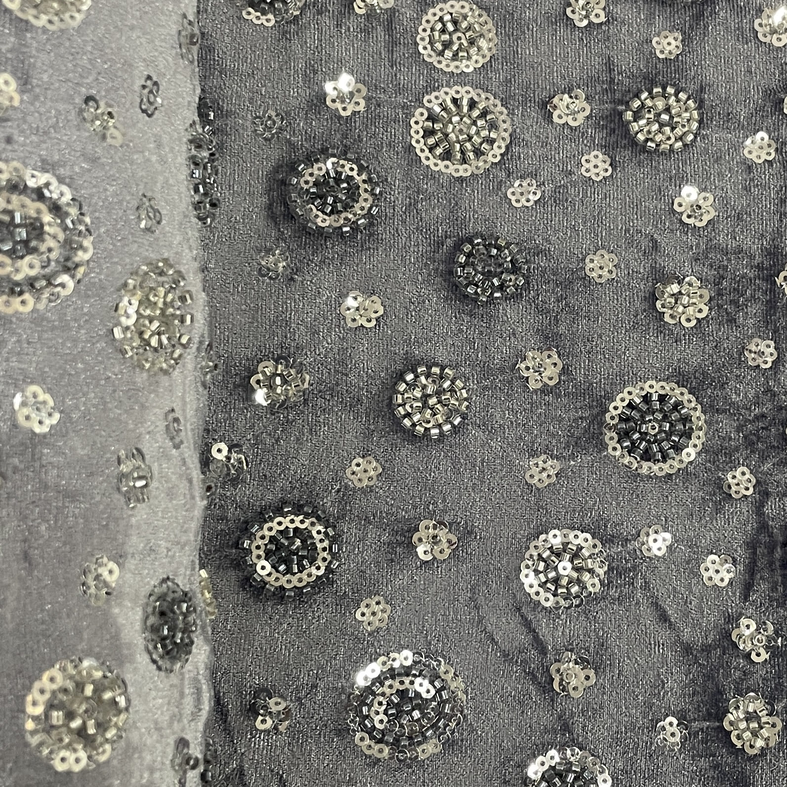 Grey Cutdana Sequins Embroidery Valvet Fabric 19705