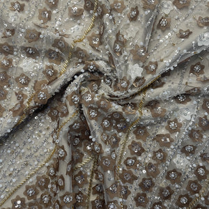 Beige Cutdana Sequins Embroidery Net Fabric 19710
