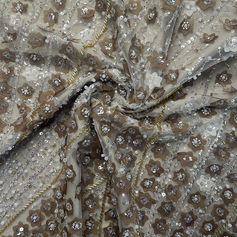 Beige Cutdana Sequins Embroidery Net Fabric 19710