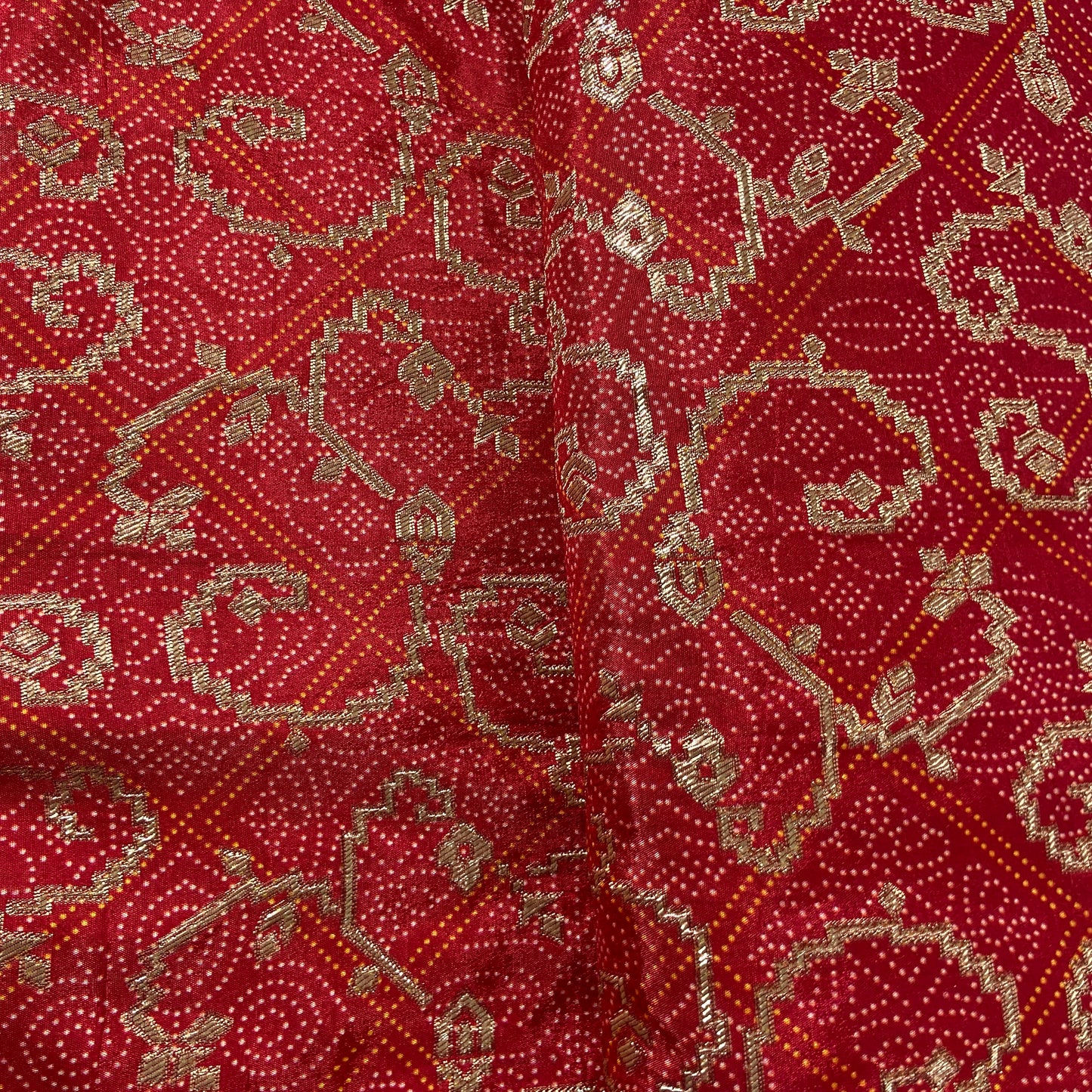 Red Bandhani Print Dola Silk Fabric