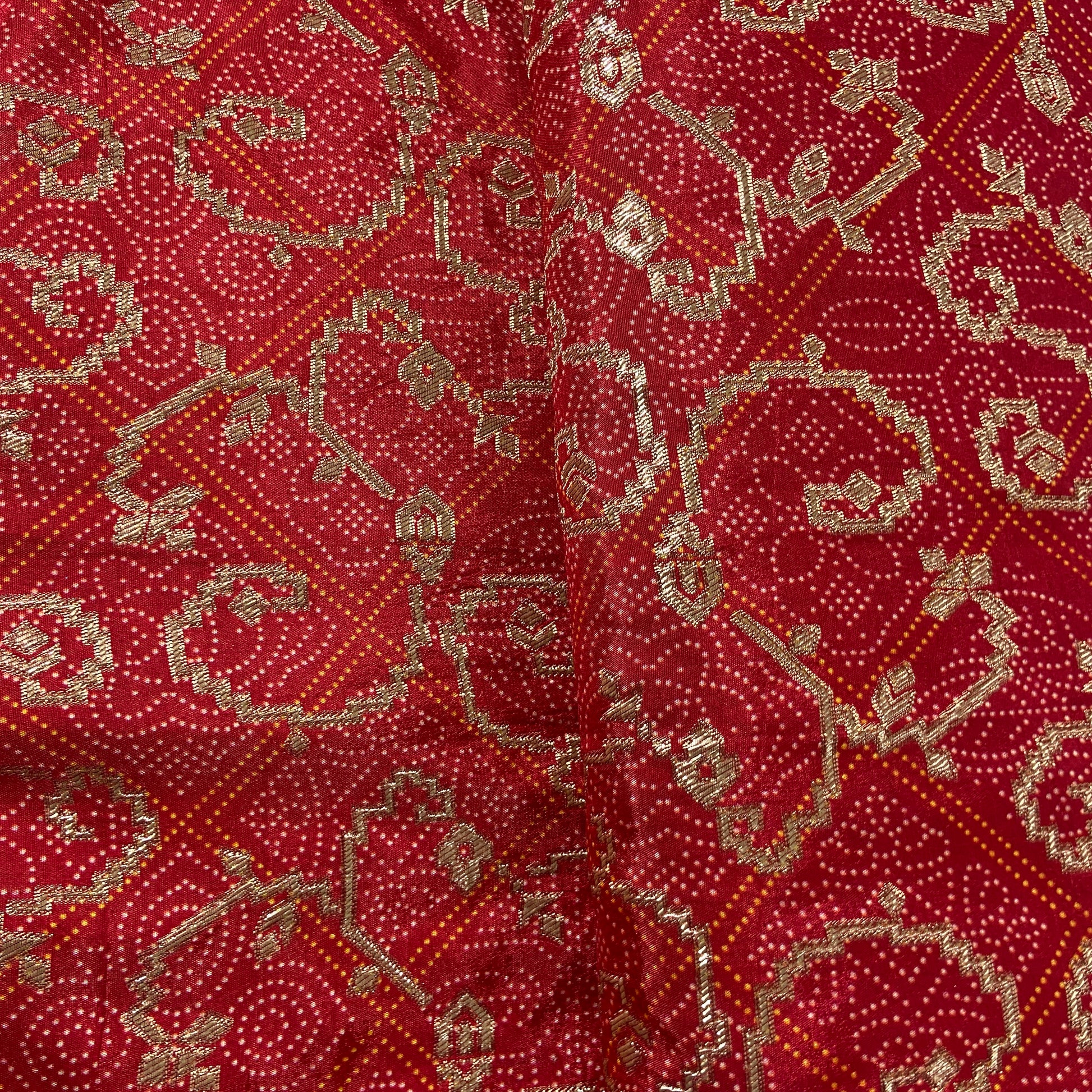Red Bandhani Print Dola Silk Fabric