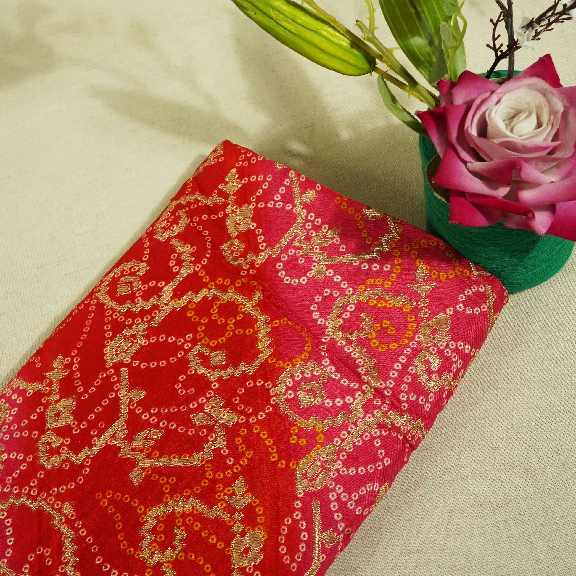 Pink and Red Bandhani Print Dola Silk Fabric 2078 KT-19764