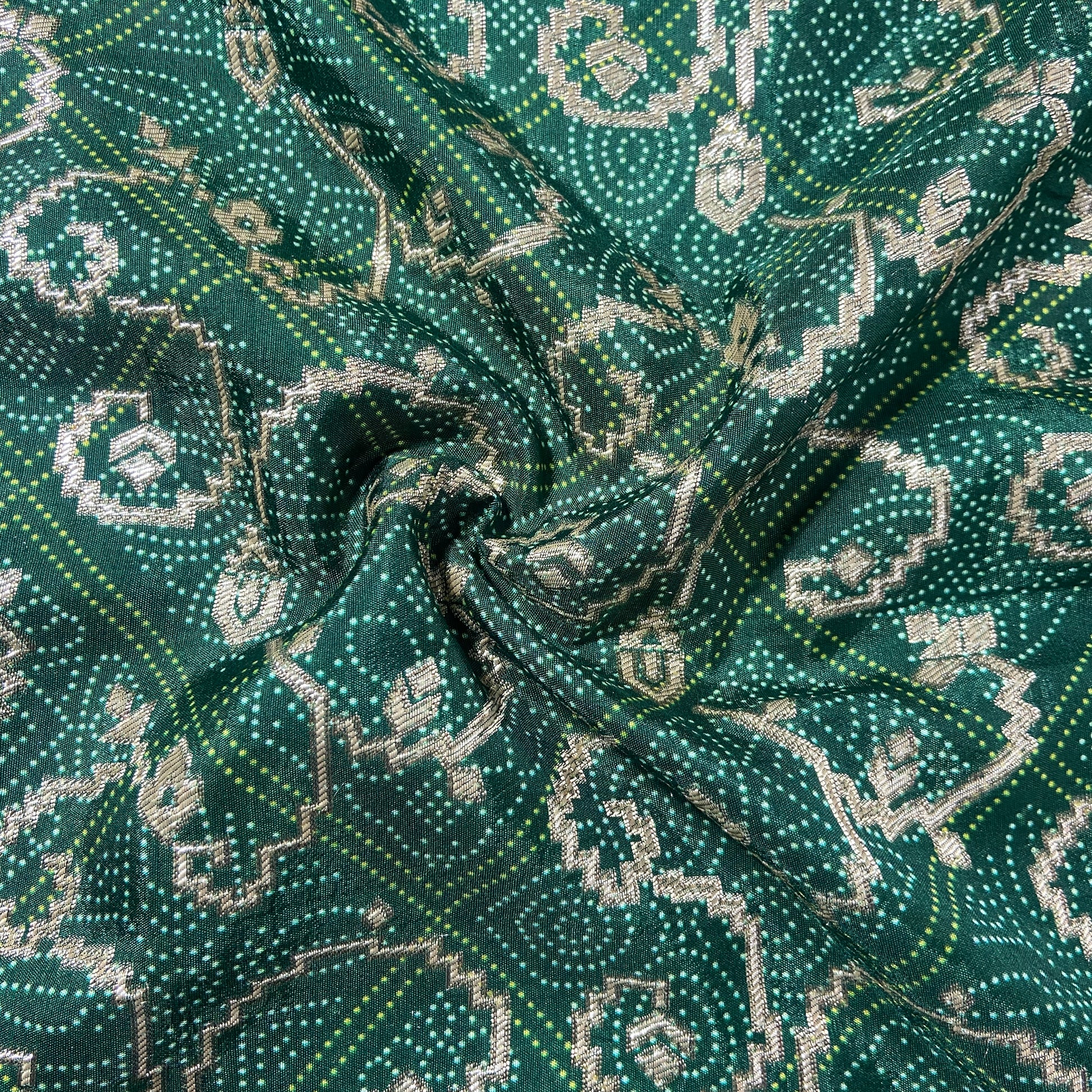 Dark Green Bandhani Print Dola Silk Fabric
