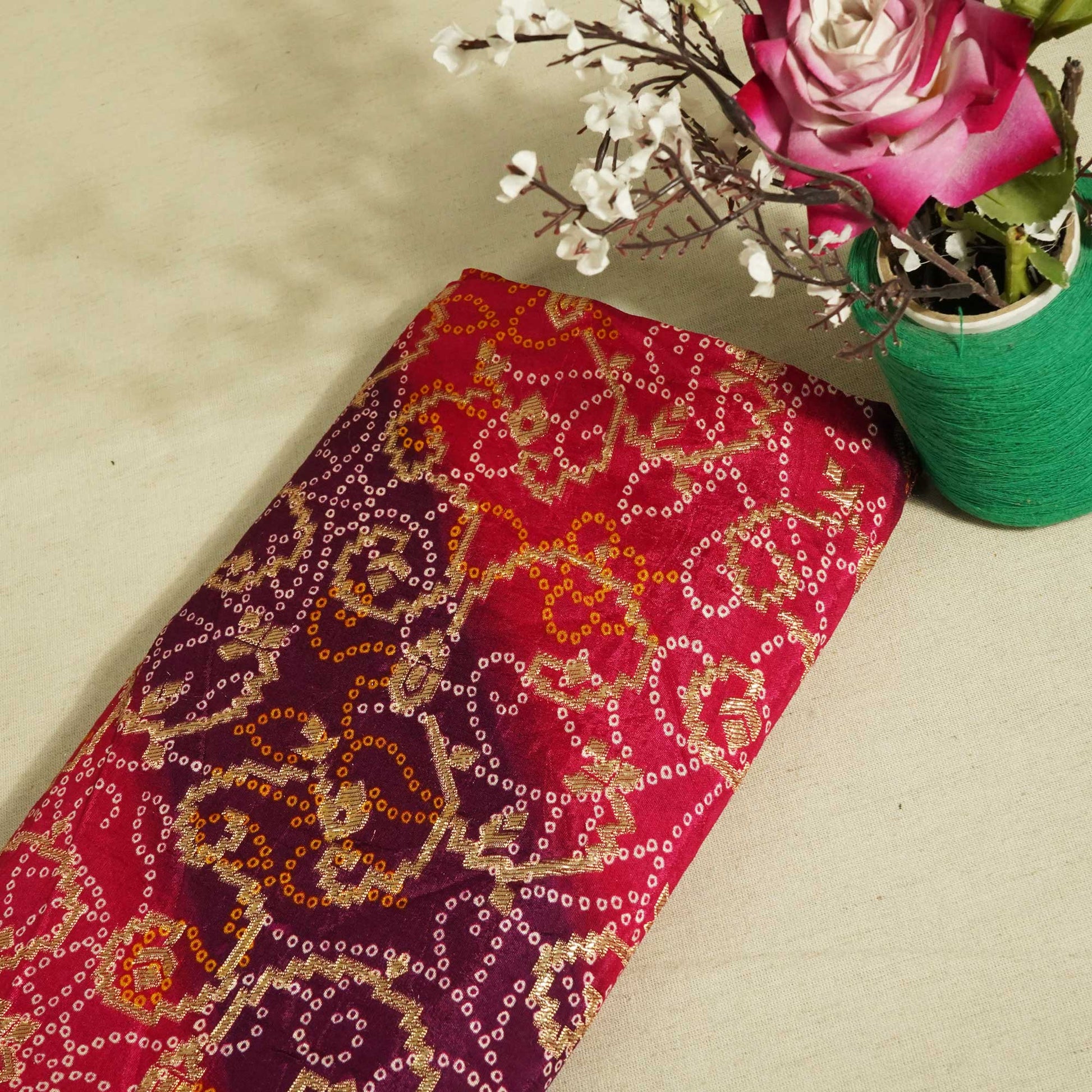 Purple and Pink Bandhani Print Dola Silk Fabric 2078 KT-19767