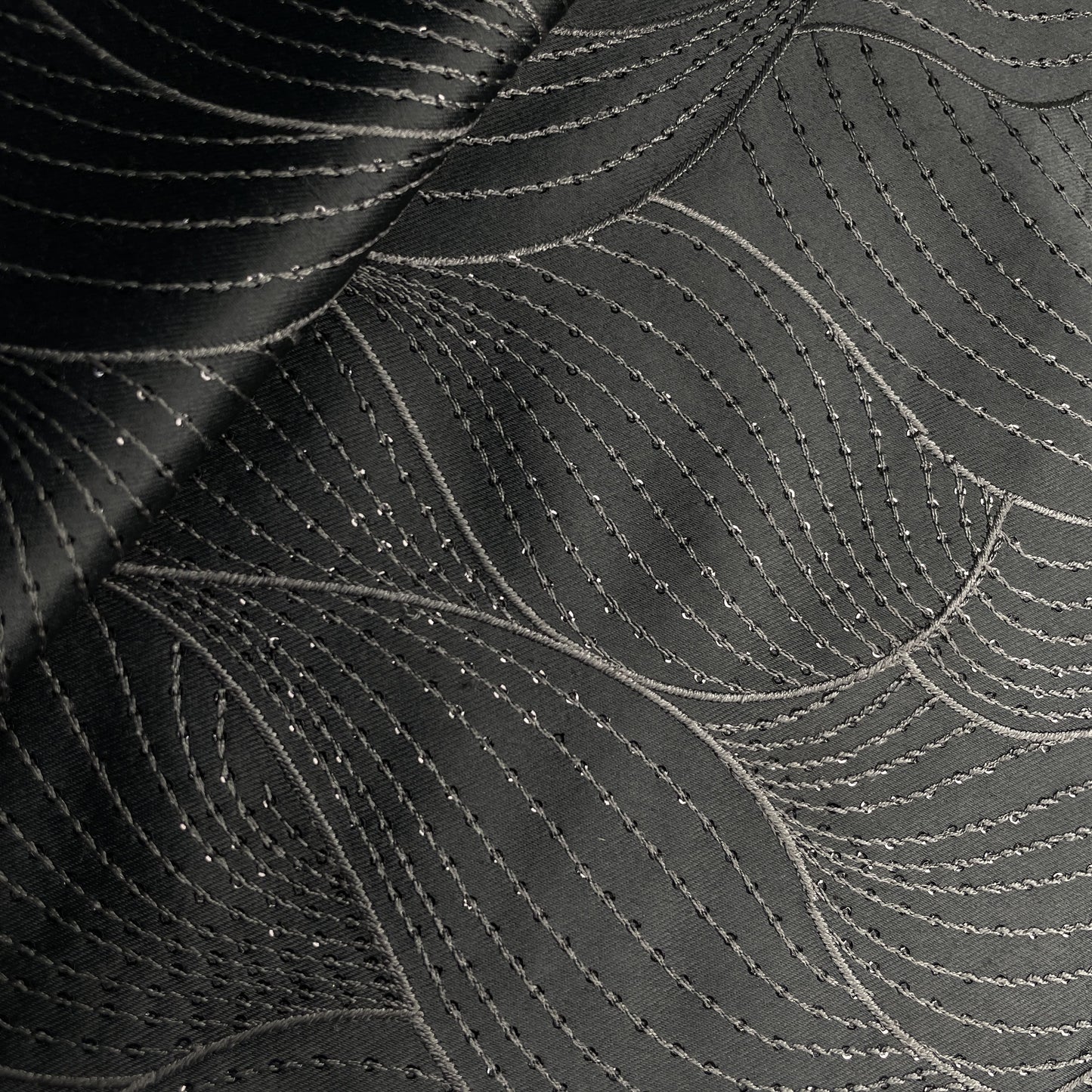 Black Sequins Thread Embroidery Russian Silk Fabric 19893