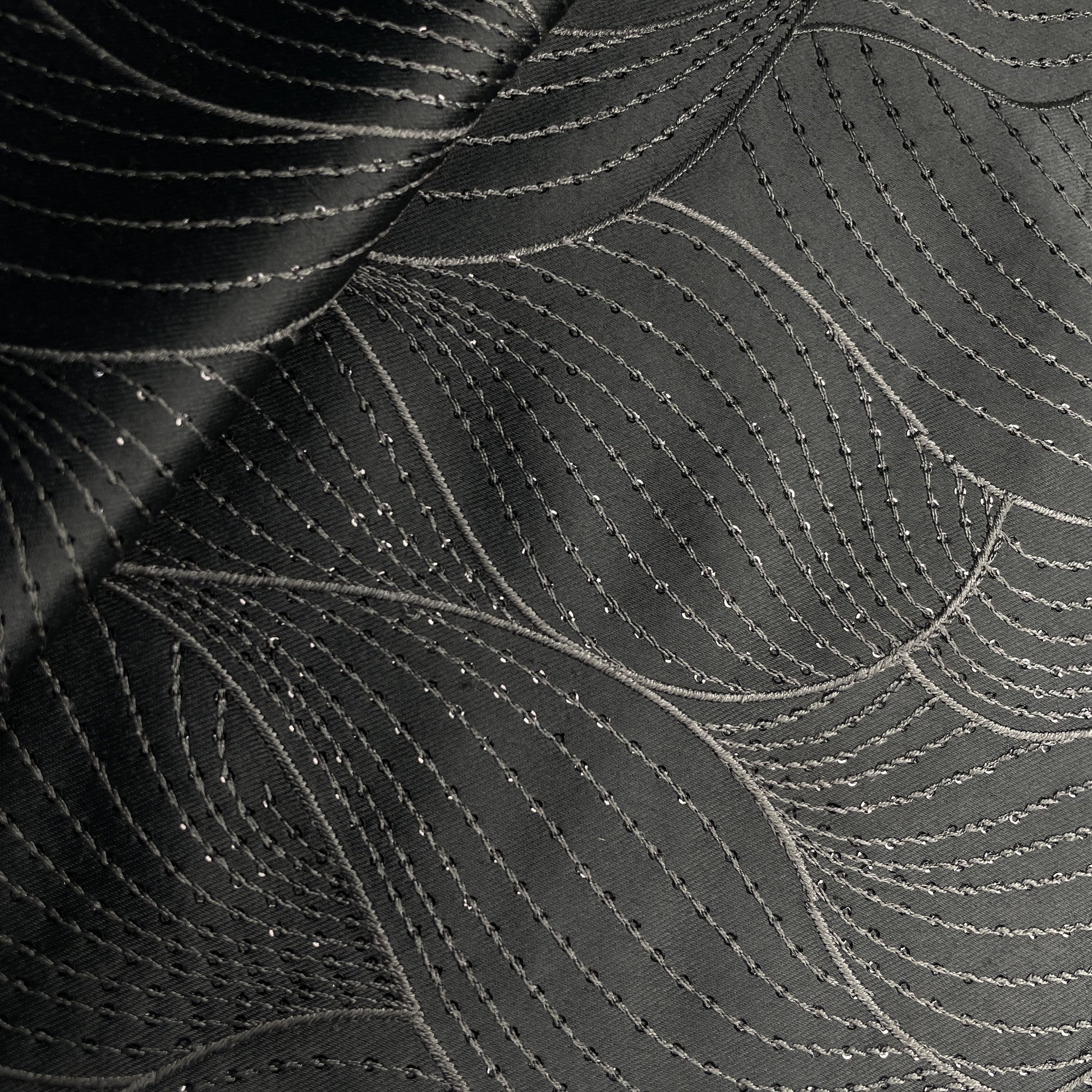 Black Sequins Thread Embroidery Russian Silk Fabric 19893