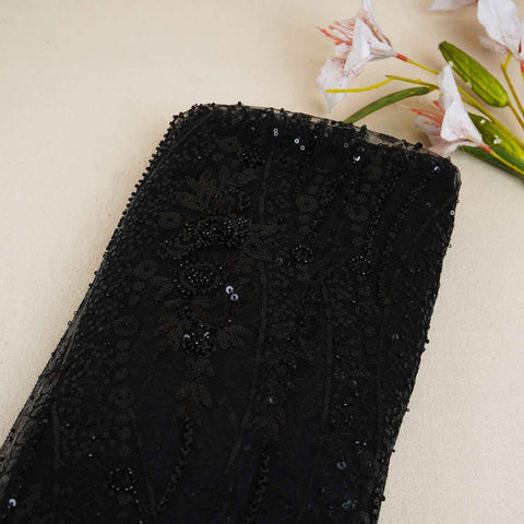 Black Cutdana Sequins Embroidery Net Fabric 19900