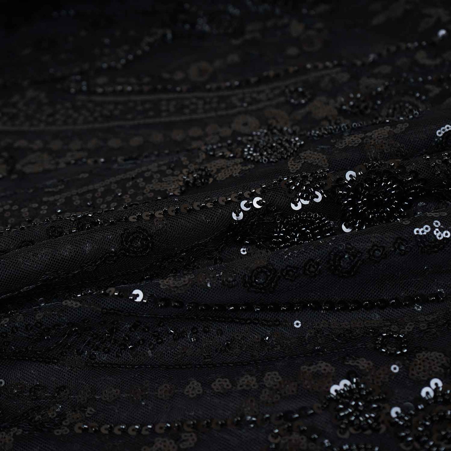 Black Cutdana Sequins Embroidery Net Fabric 19900