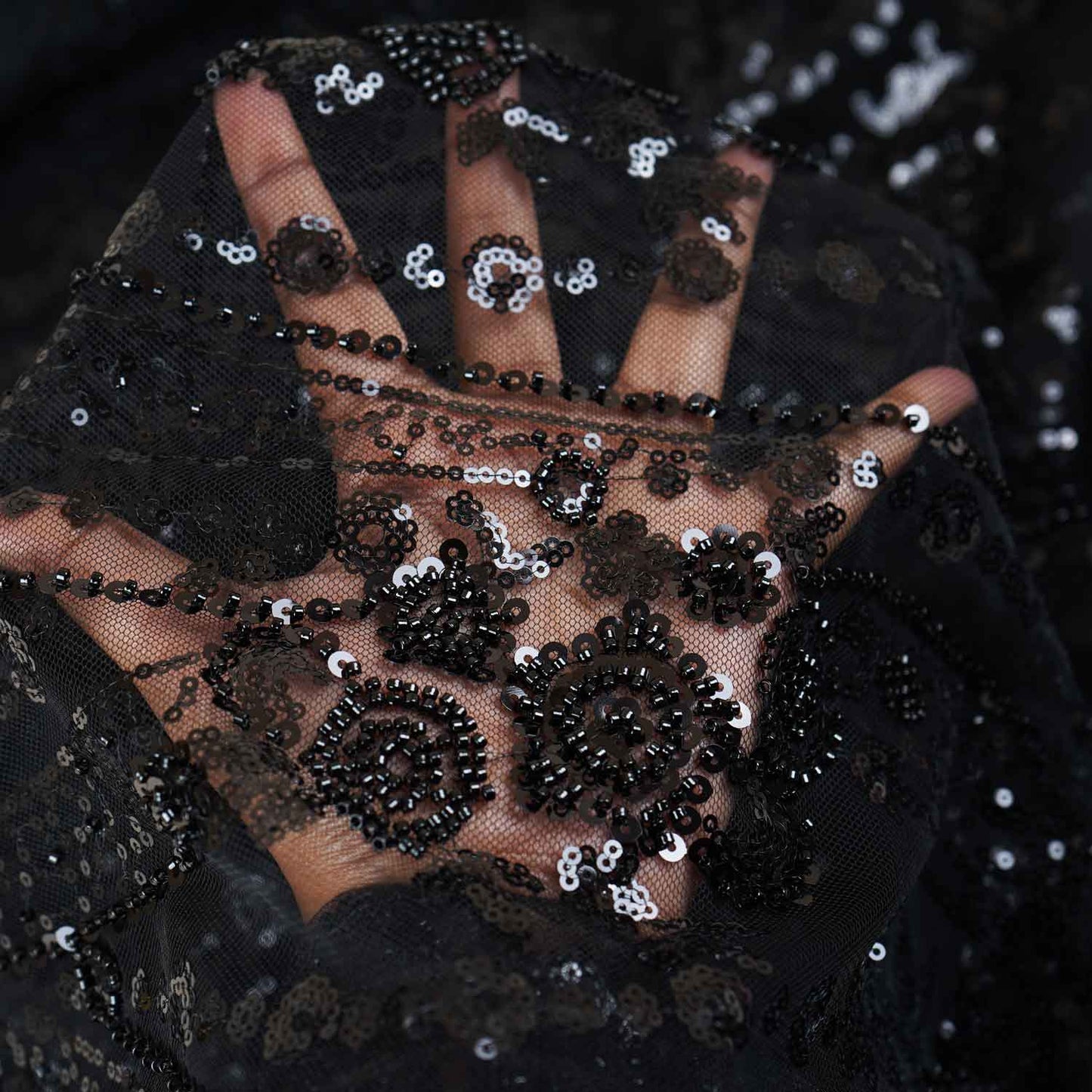 Black Cutdana Sequins Embroidery Net Fabric 19900