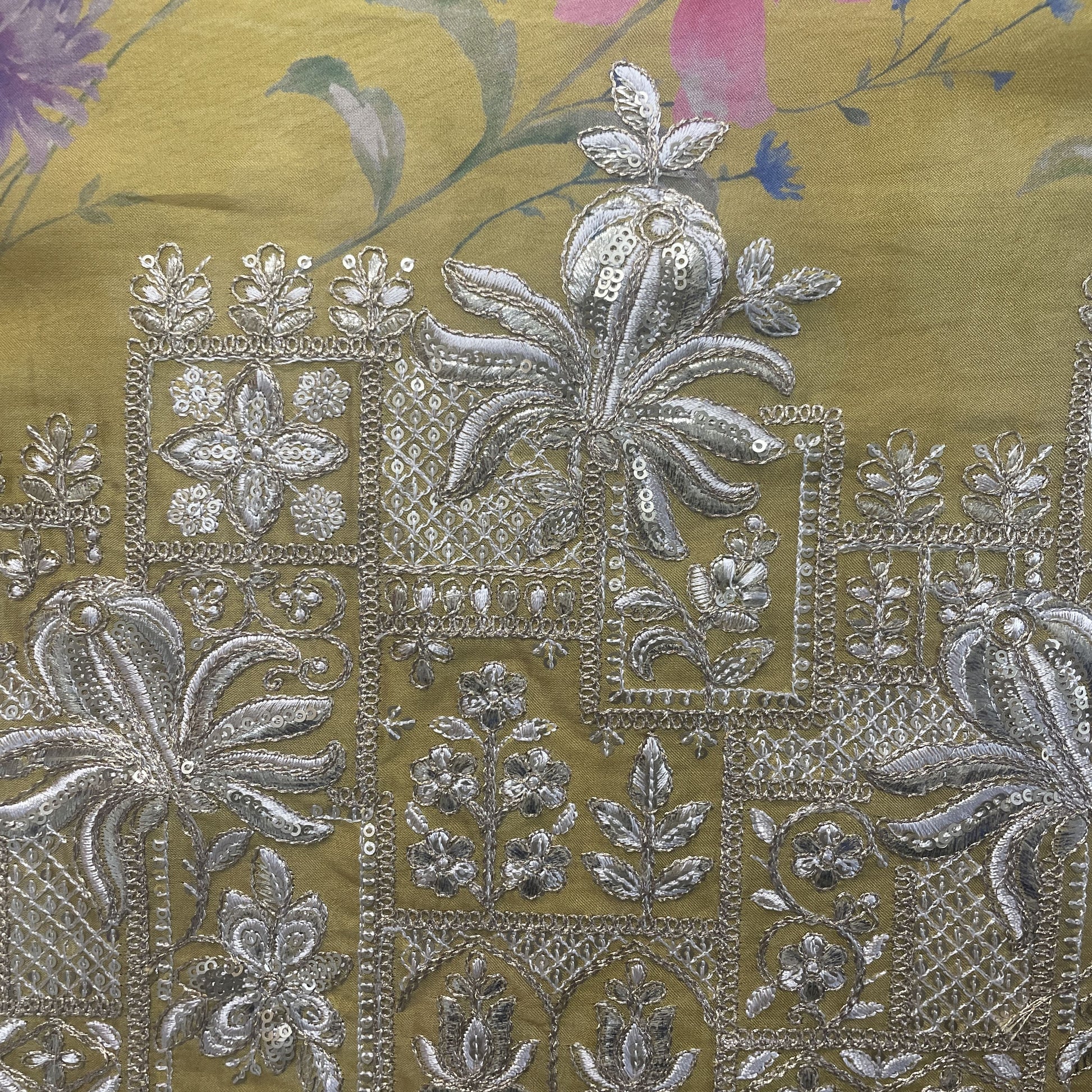 Yellow Floral Embroidery on Border Organza Fabric 19935