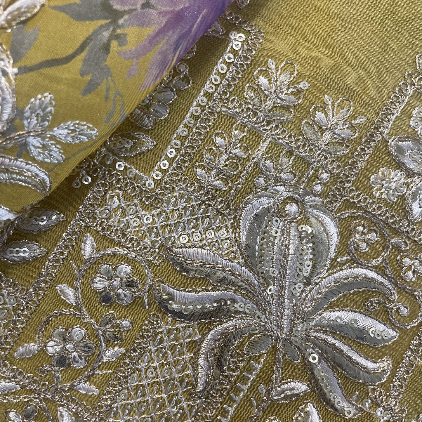 Yellow Floral Embroidery on Border Organza Fabric 19935