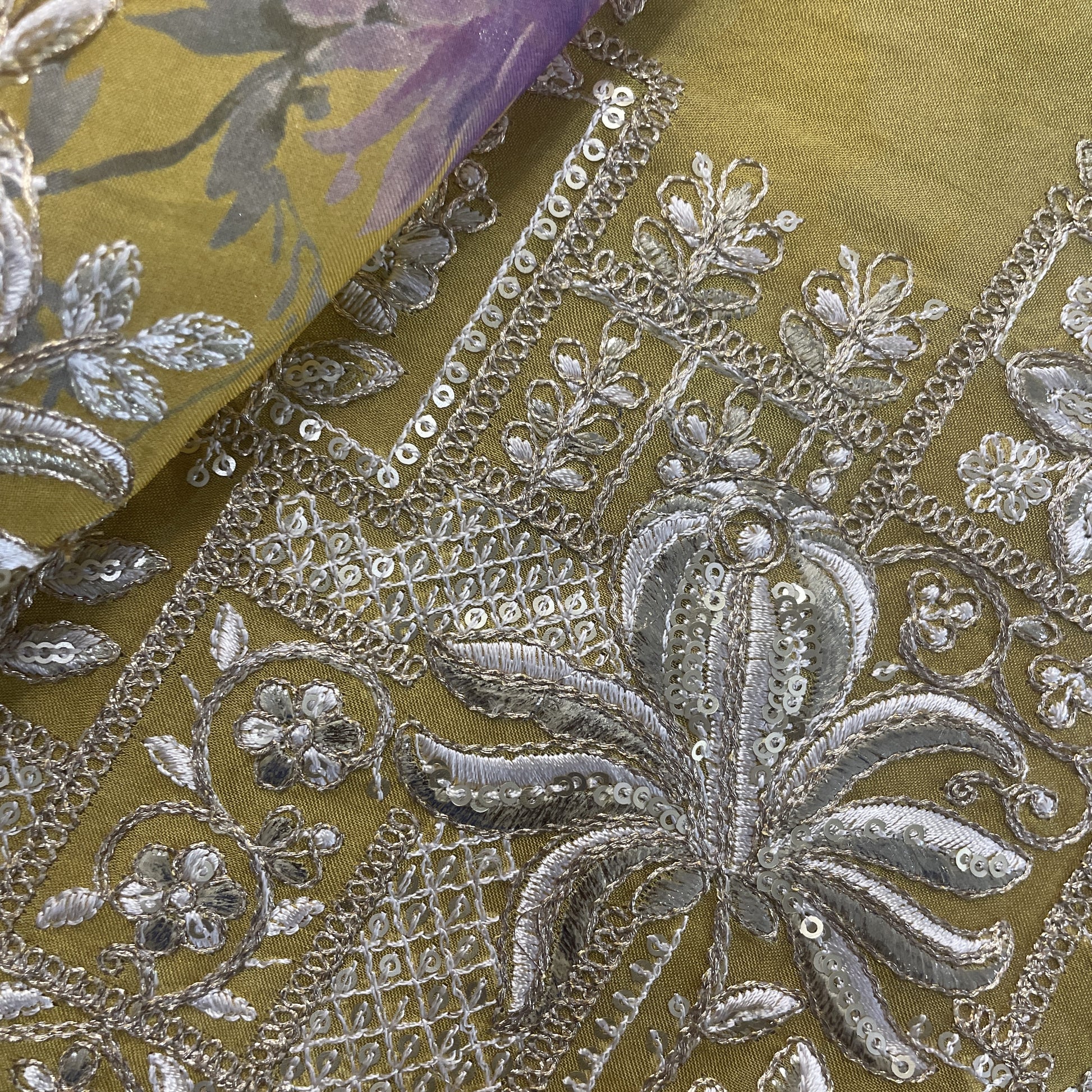 Yellow Floral Embroidery on Border Organza Fabric 19935
