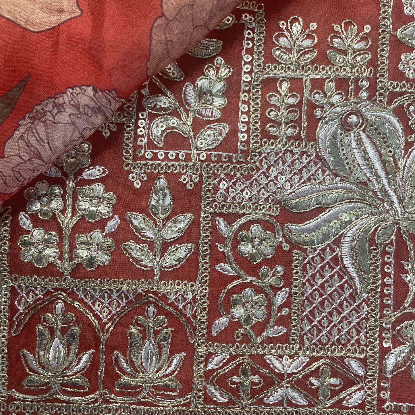 Red Floral Embroidery on Border Organza Fabric 19936