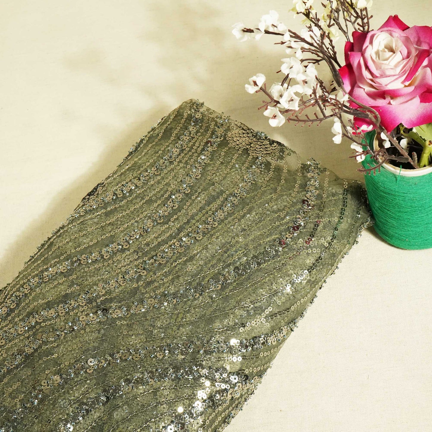 Military Green Cutdana Sequins Embroidery Net Fabric 2980 CF-19976