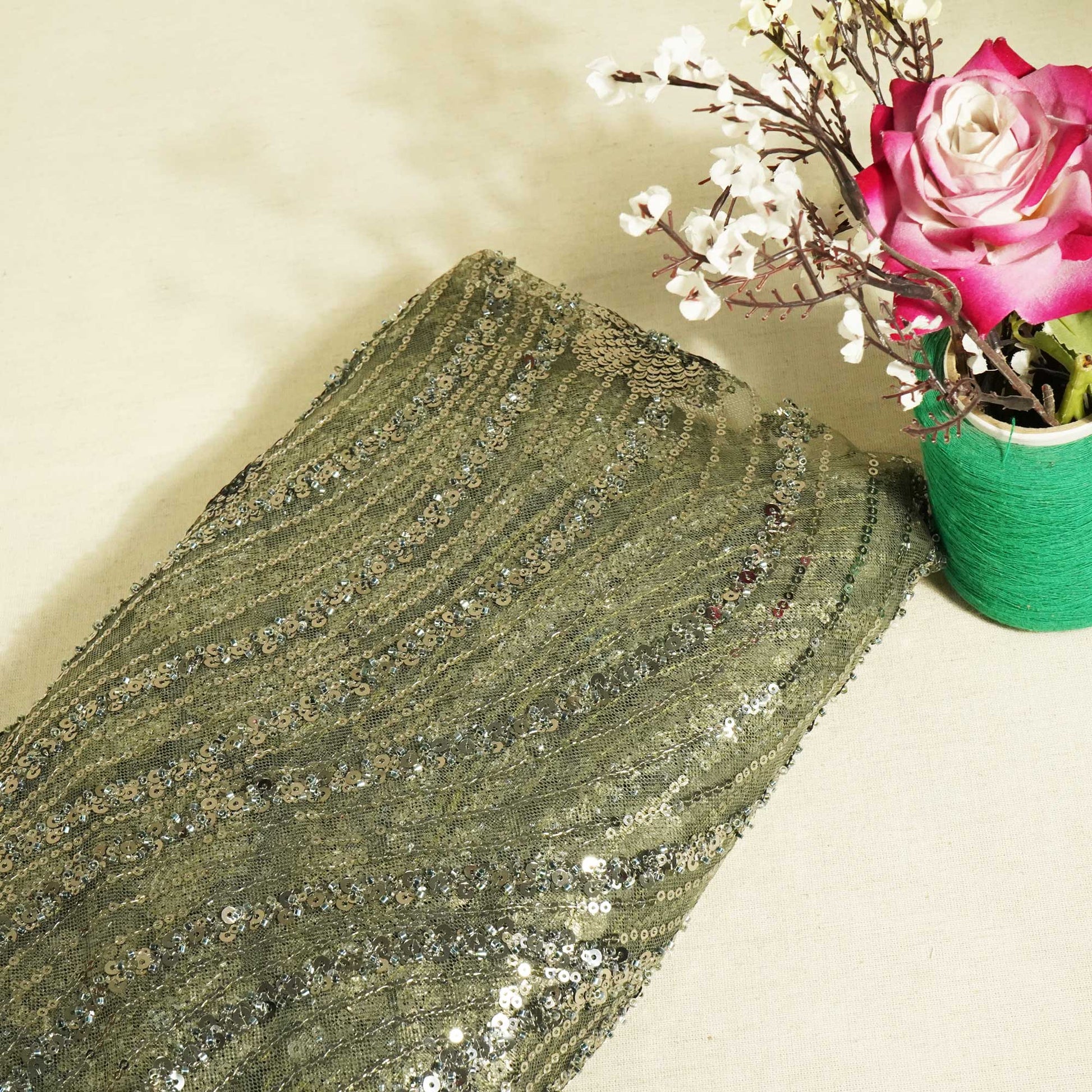 Military Green Cutdana Sequins Embroidery Net Fabric 2980 CF-19976